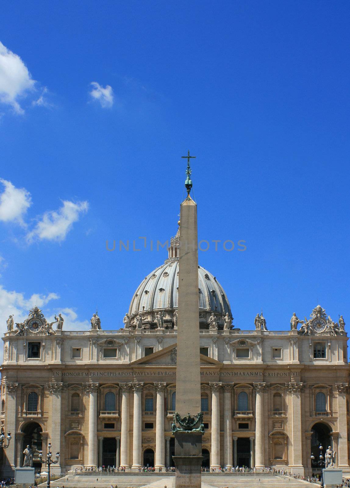 Basilica S.Pietro, Rome Italy looking straight on, with oblisk central to picture.