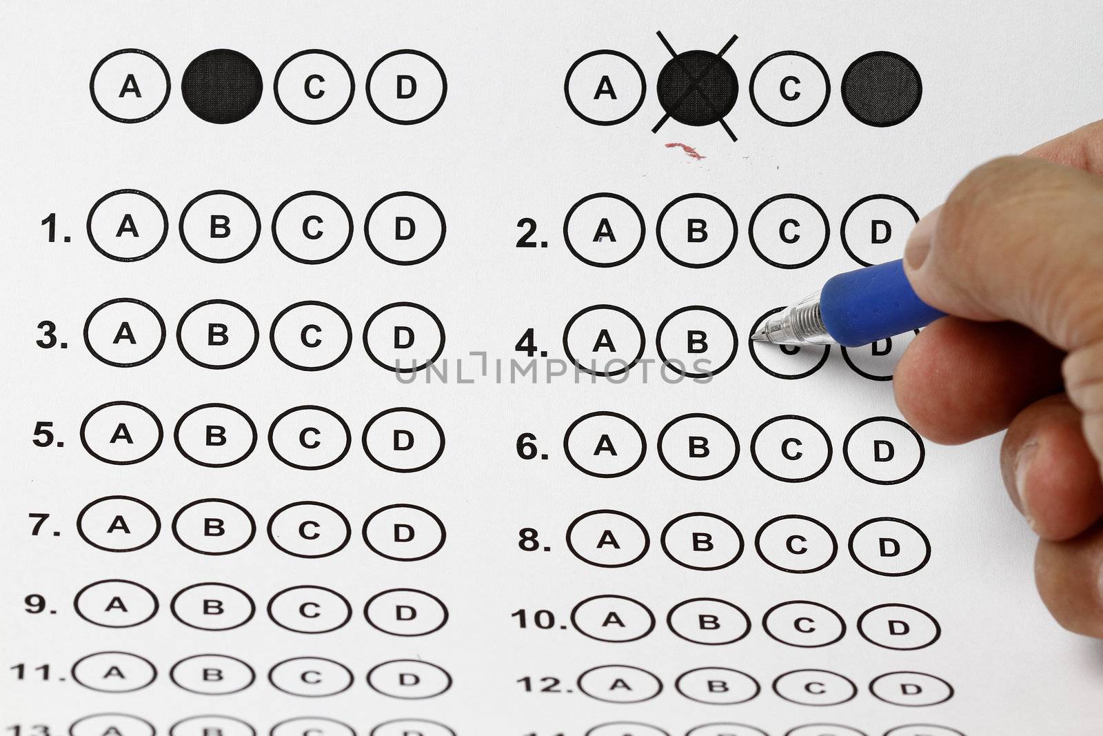 an answer sheet for test with a ballpen