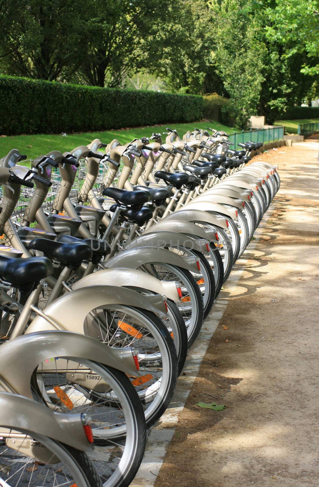 A row of bikes for hire in Paris, France.