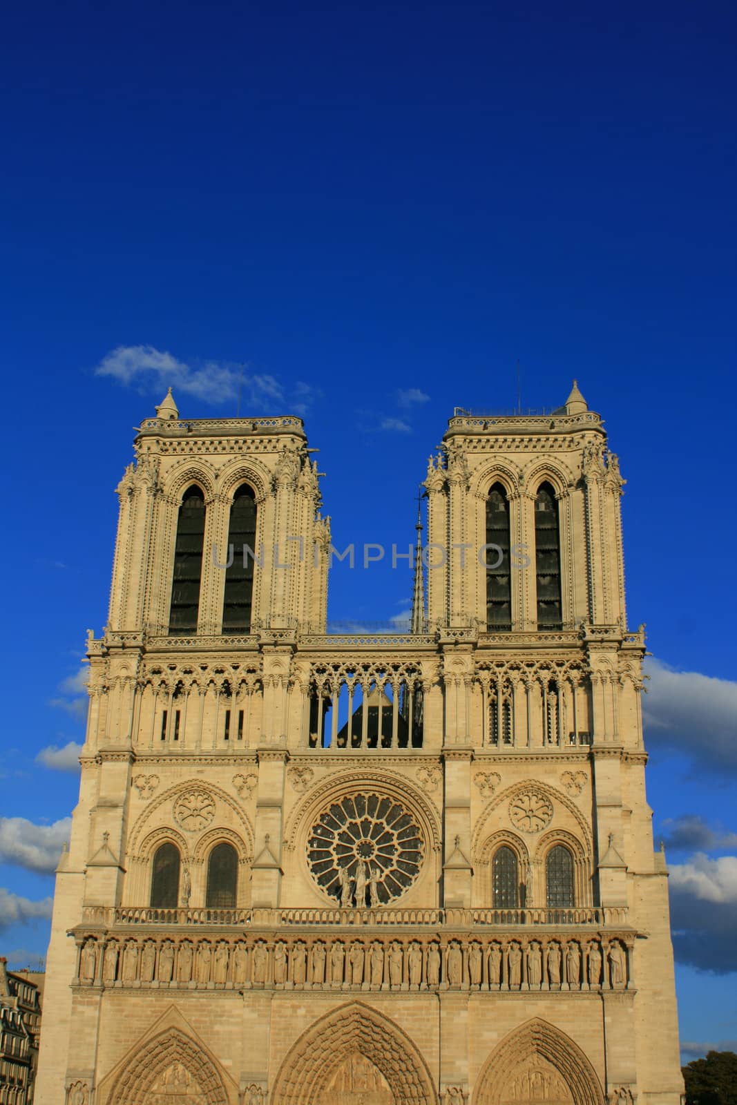 Notre Dame Cathedral, Paris France. Set on a deep blue sky at sunset.
