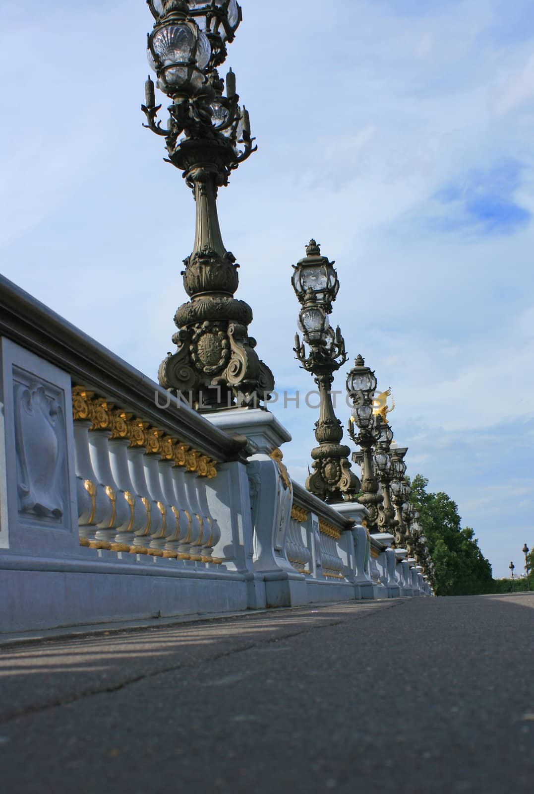 Pont Alexandre II bridge in Paris France. Low angled view across bridge.