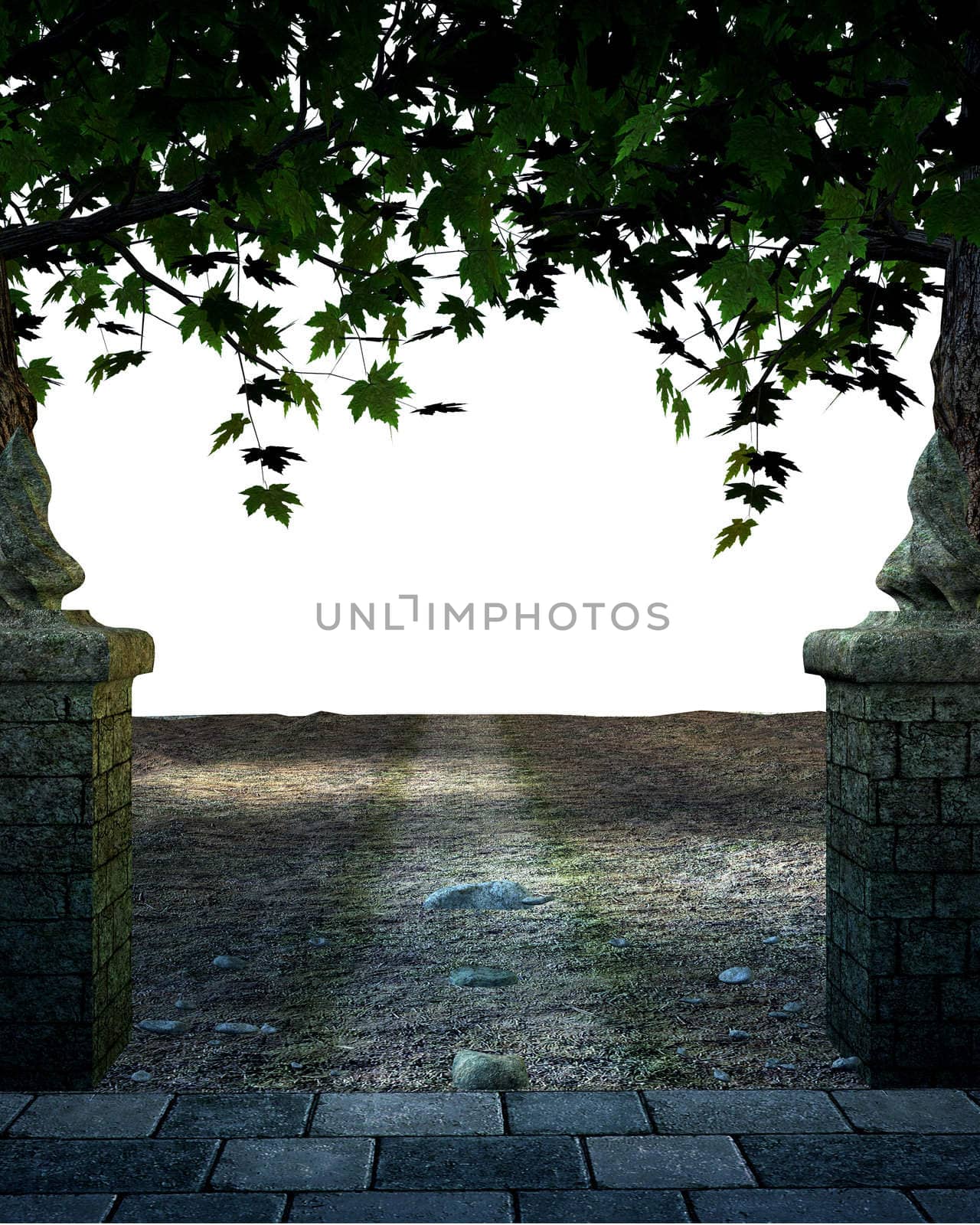 Stoned and paved road with Trees on a white background