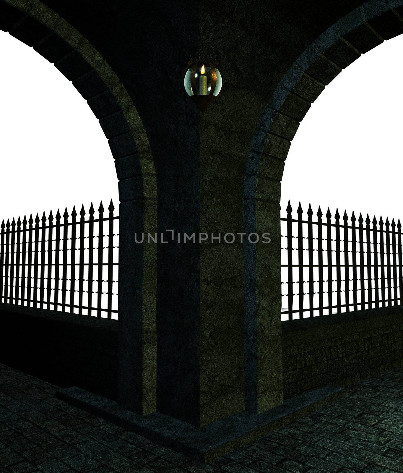 Corner of a street with lamps on a white background