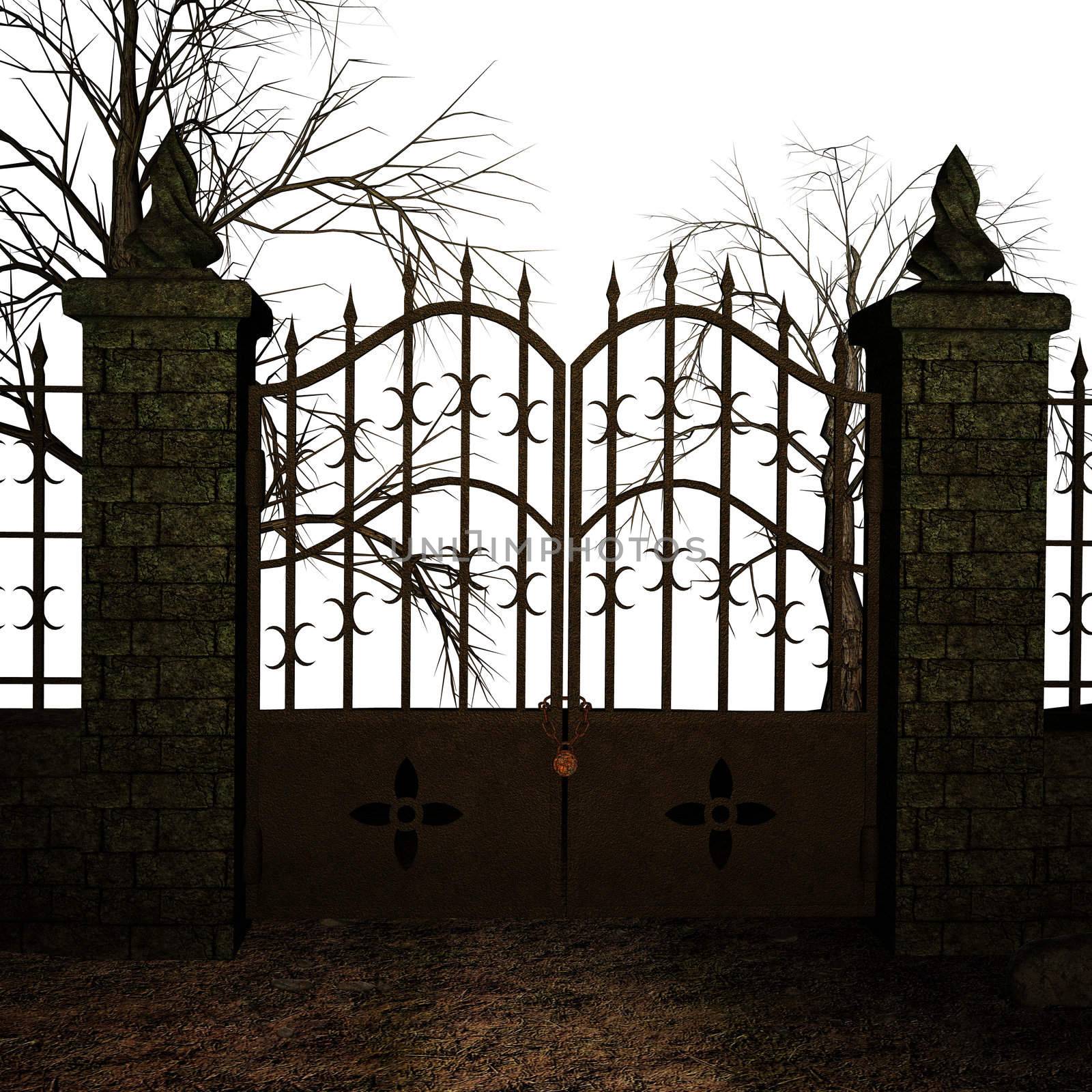 A fantasy gate surrounded by trees on a white background