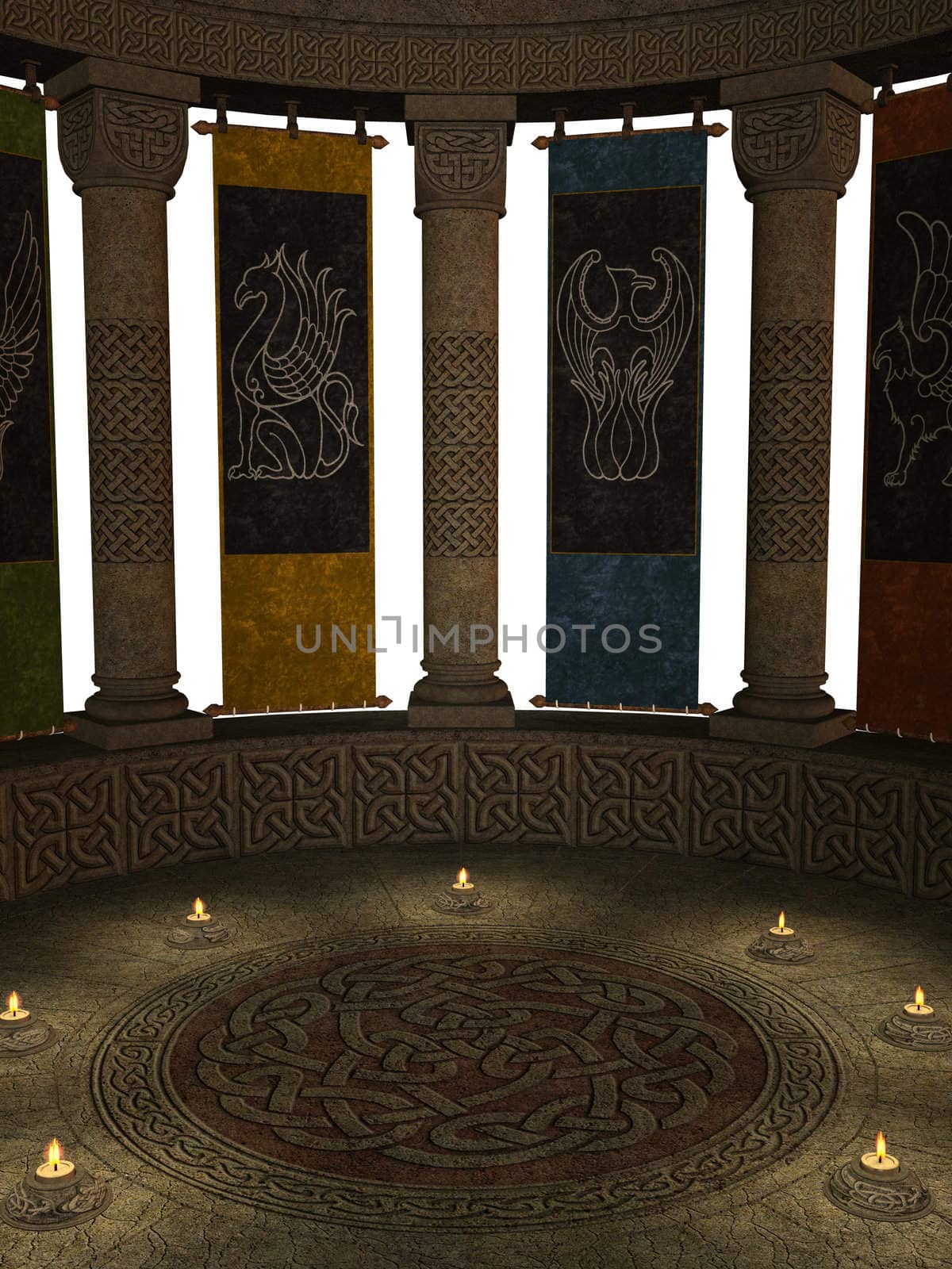 Columns with banners and cancles on a white background