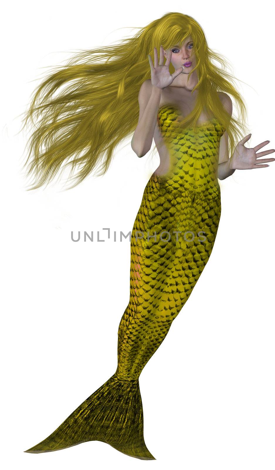 Yellow haired and tailed mermaid swimming