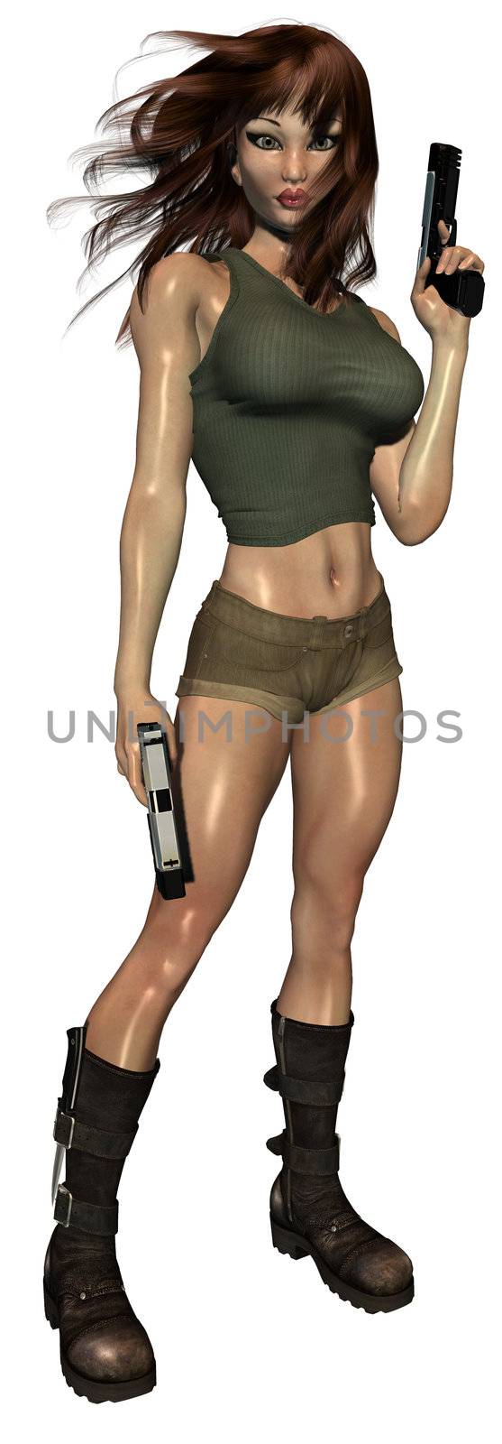 Woman standing and holding two guns