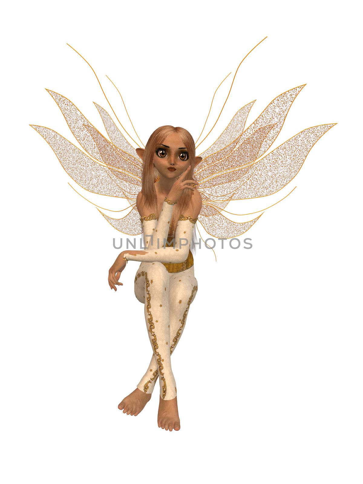 Fairy sitting down and thinking with wings spread