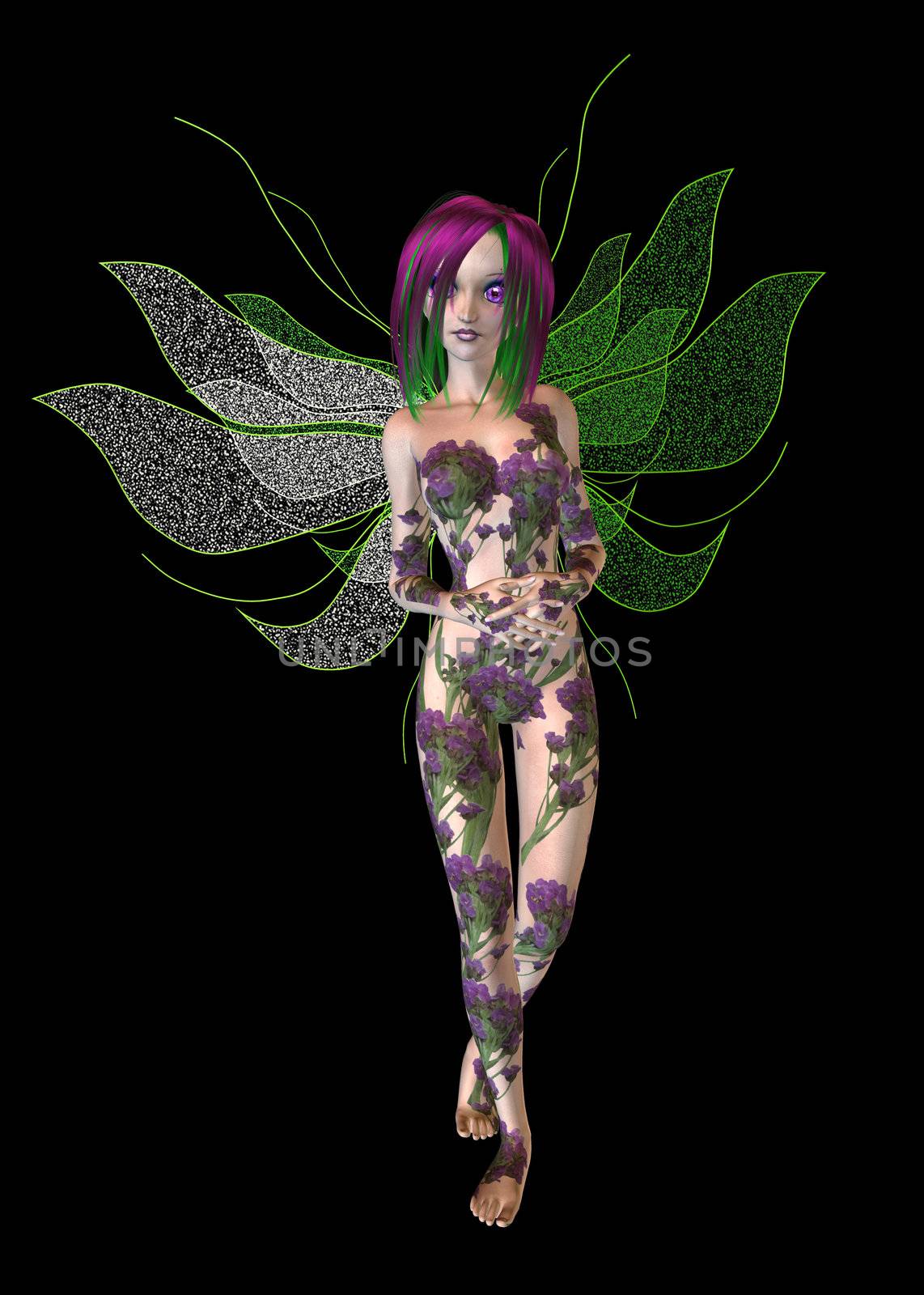 Purple green flower fairy standing