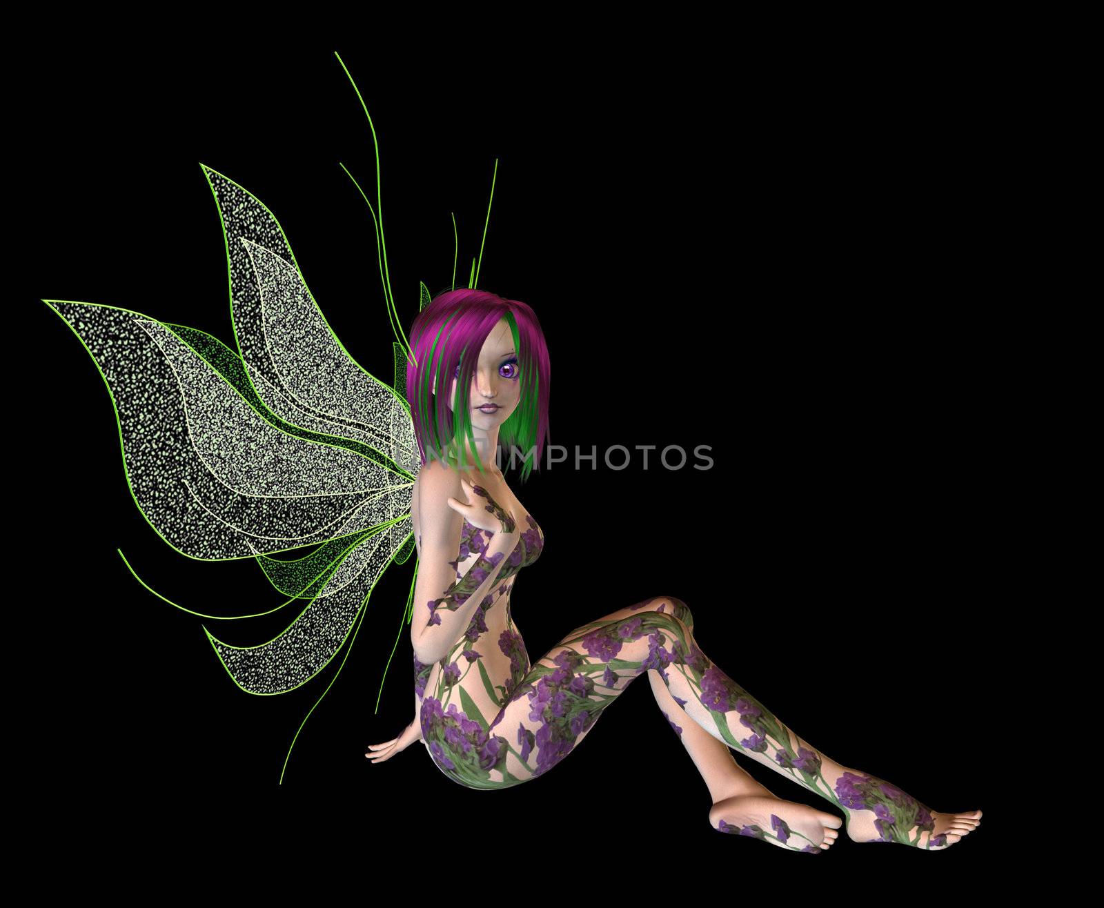 Purple green flower fairy sitting
