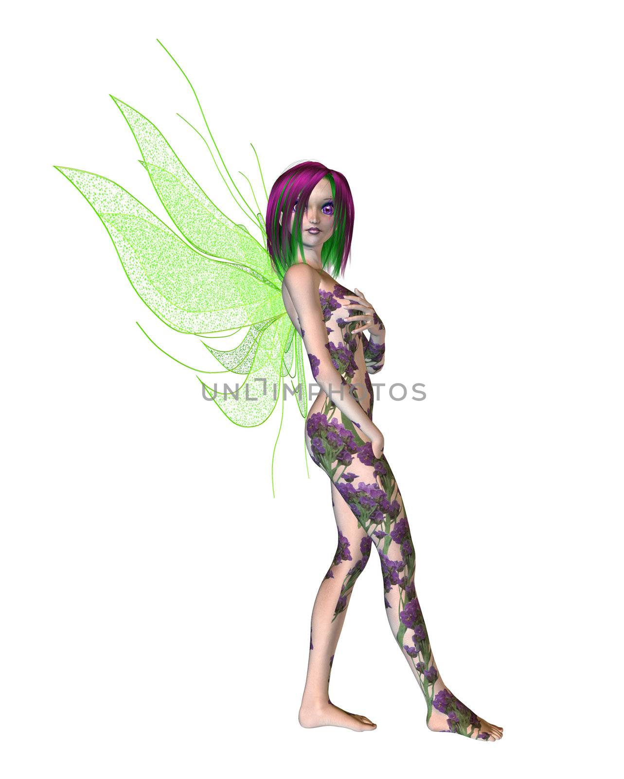 Purple green flower fairy standing