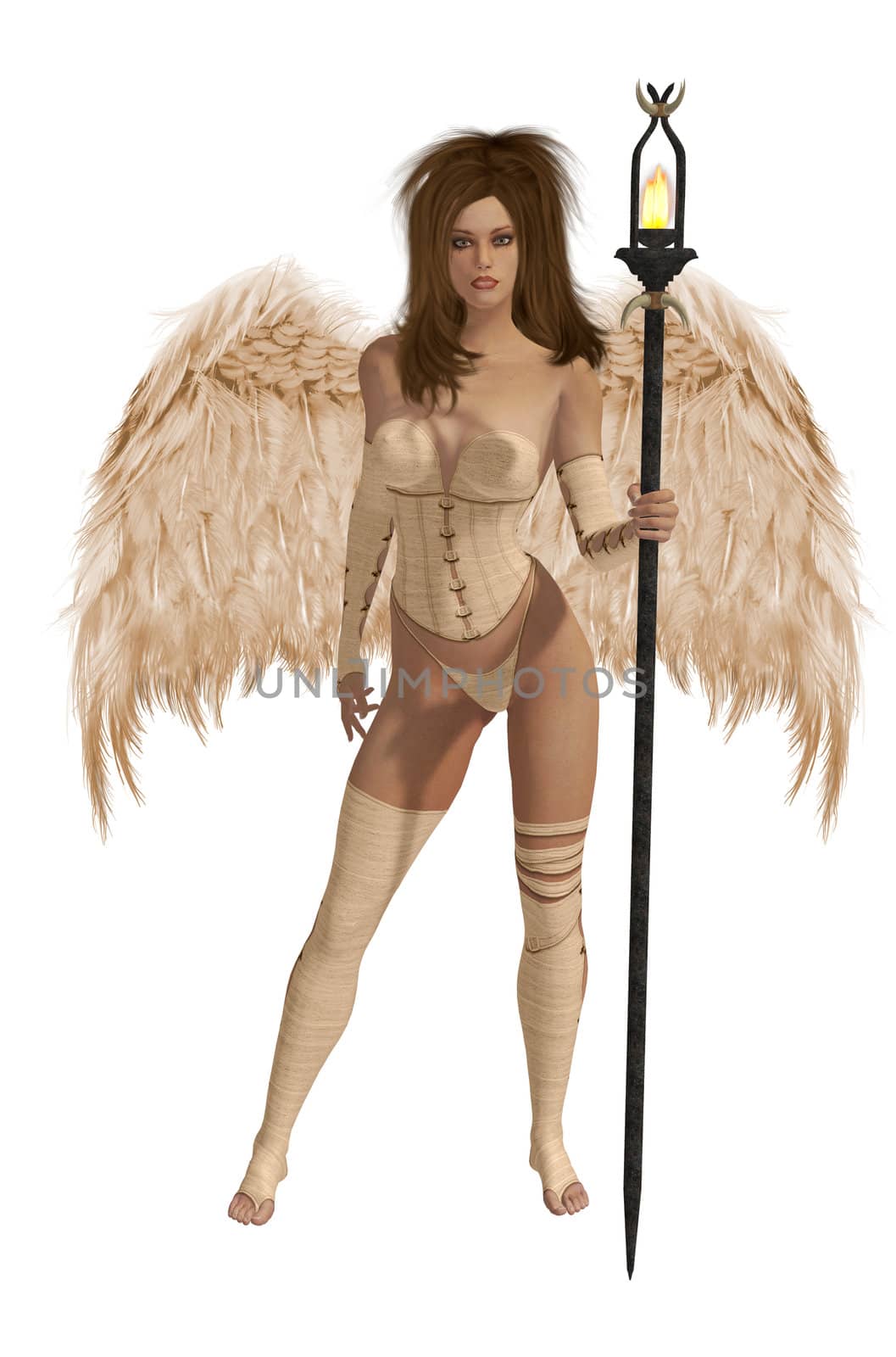 Beige winged angel with brunette hair standing holding a torch