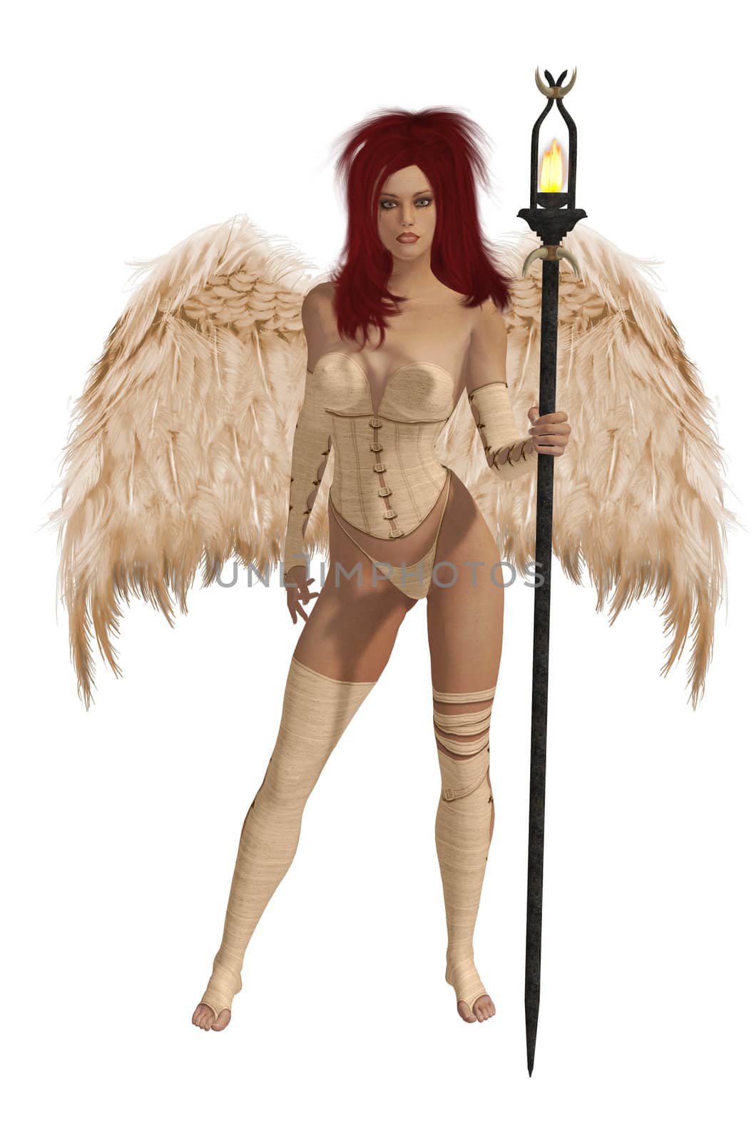 Beige winged angel with red hair standing holding a torch