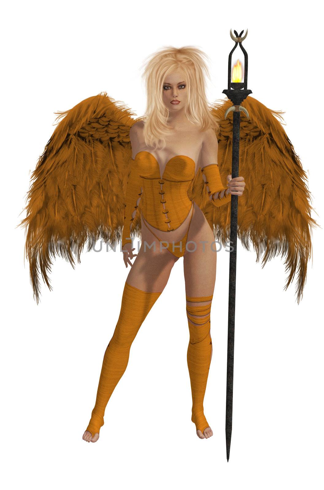 Orange winged angel with blonde hair standing holding a torch