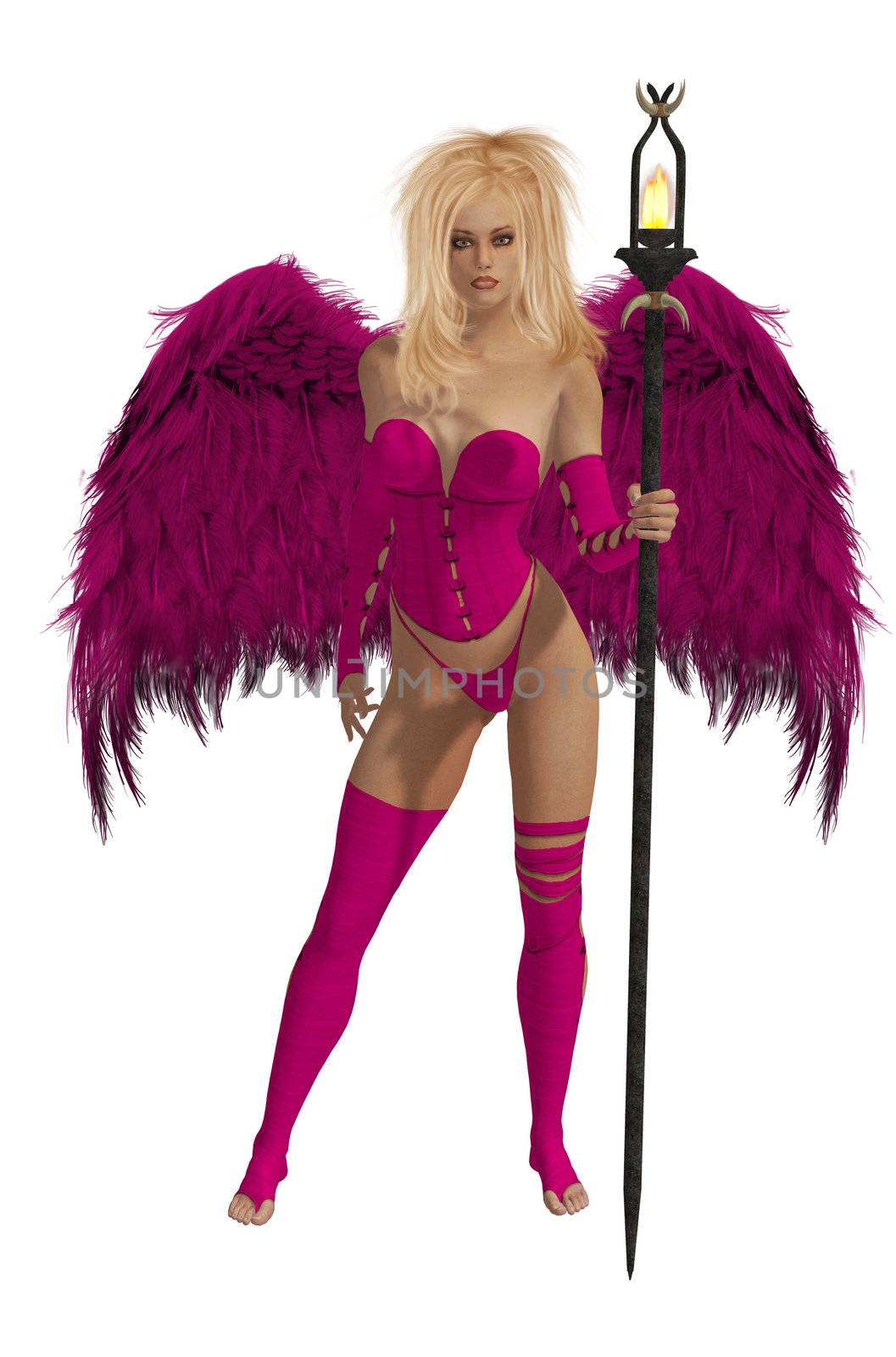 Pink winged angel with blonde hair standing holding a torch