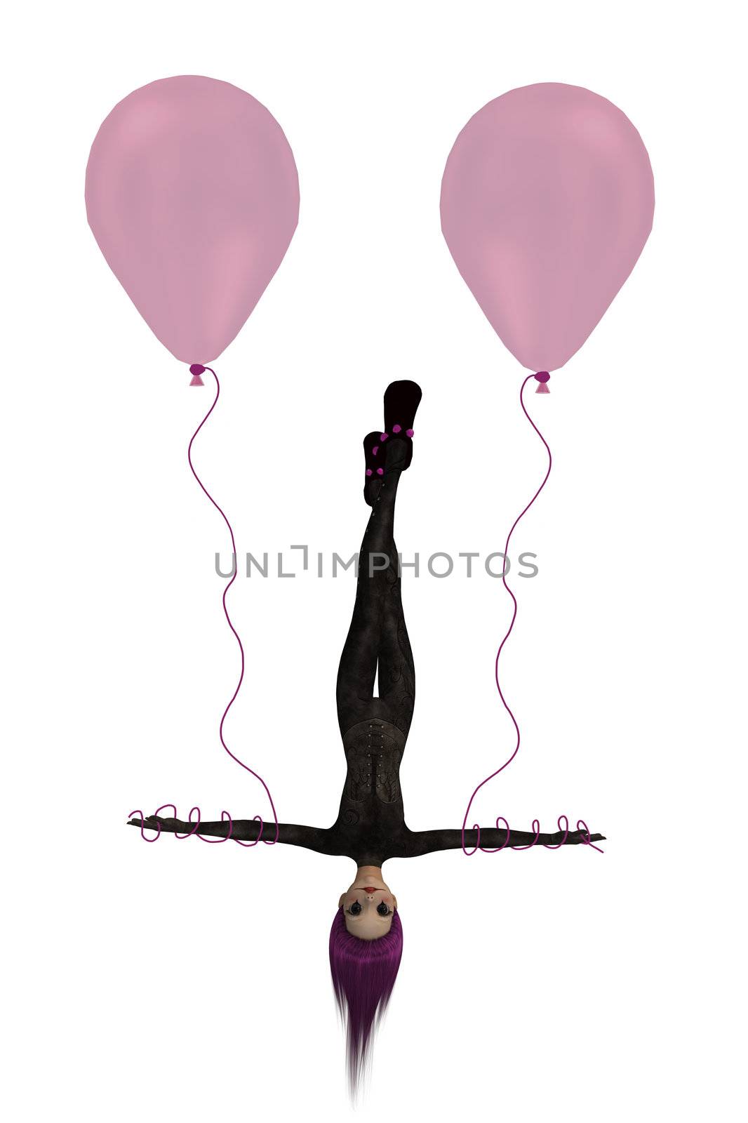 Clown hanging upside down with balloons on a white background