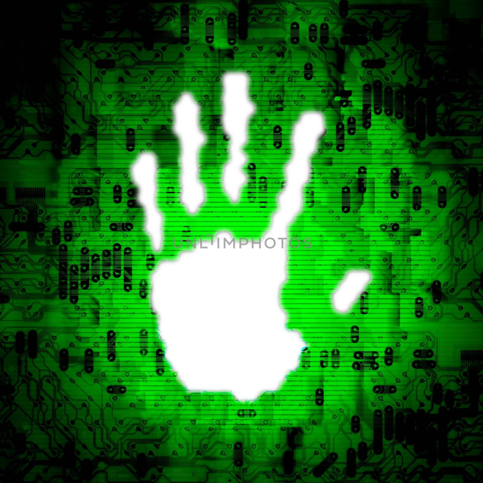 Illustration of a white hand print over an abstract technology background