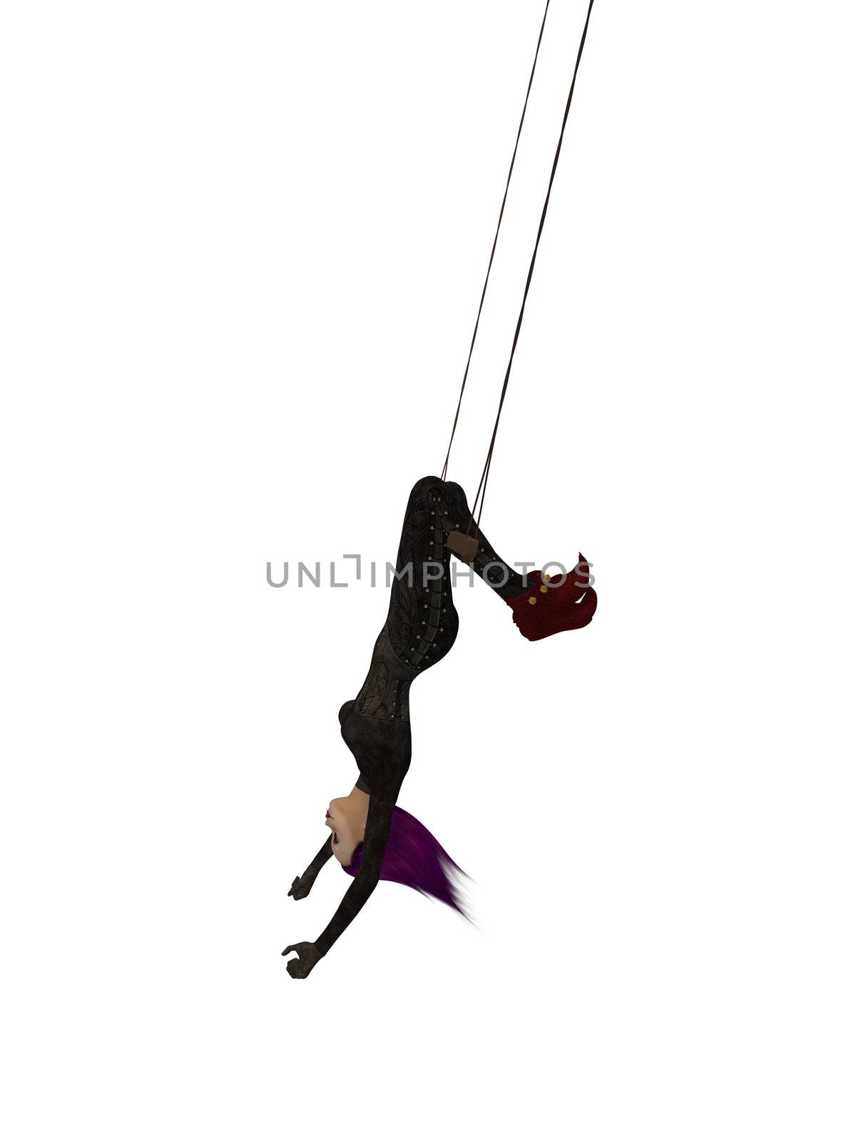 Clown handing upside down on a trapeze on a white background