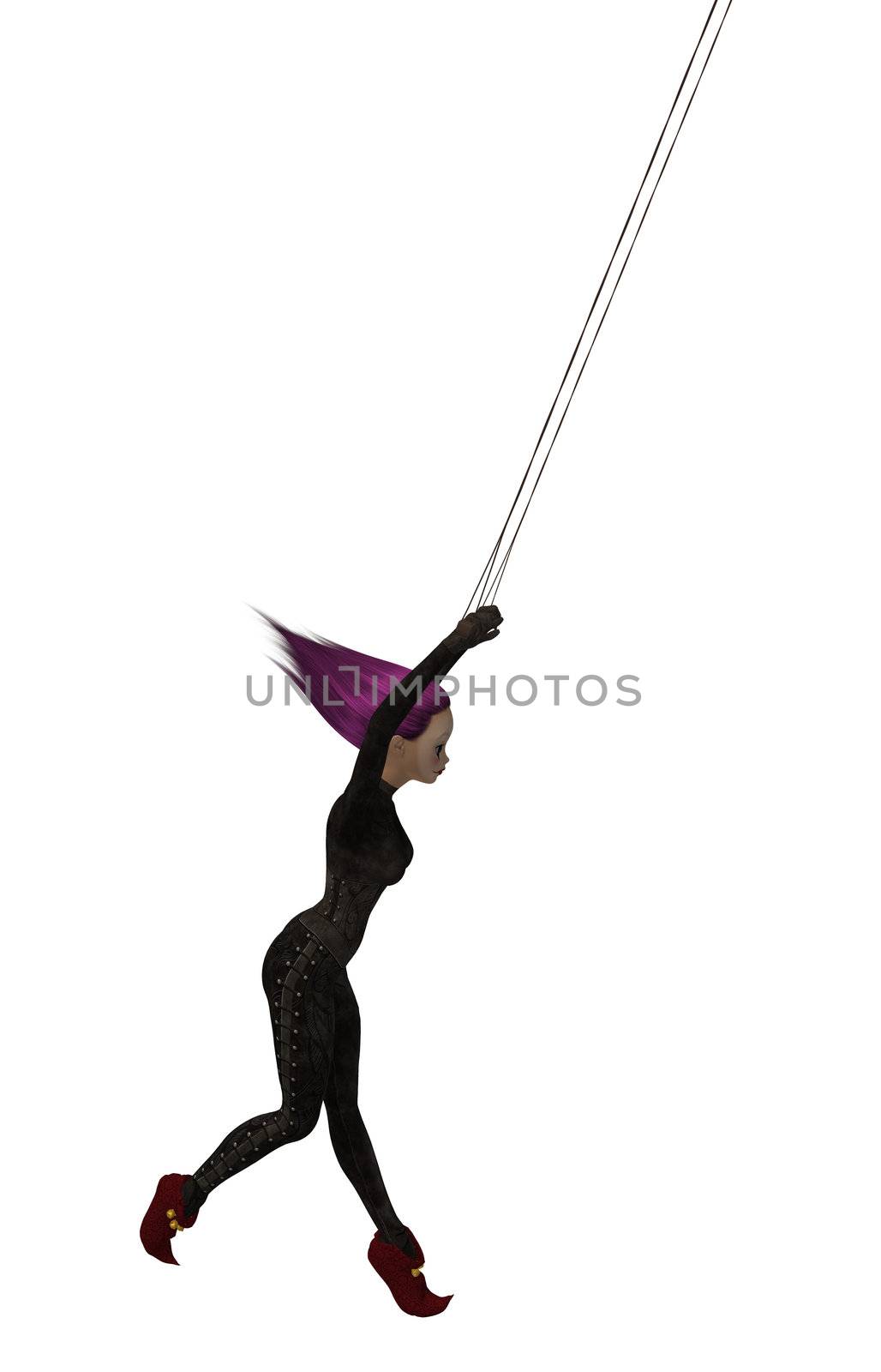 Clown handing on a trapeze on a white background