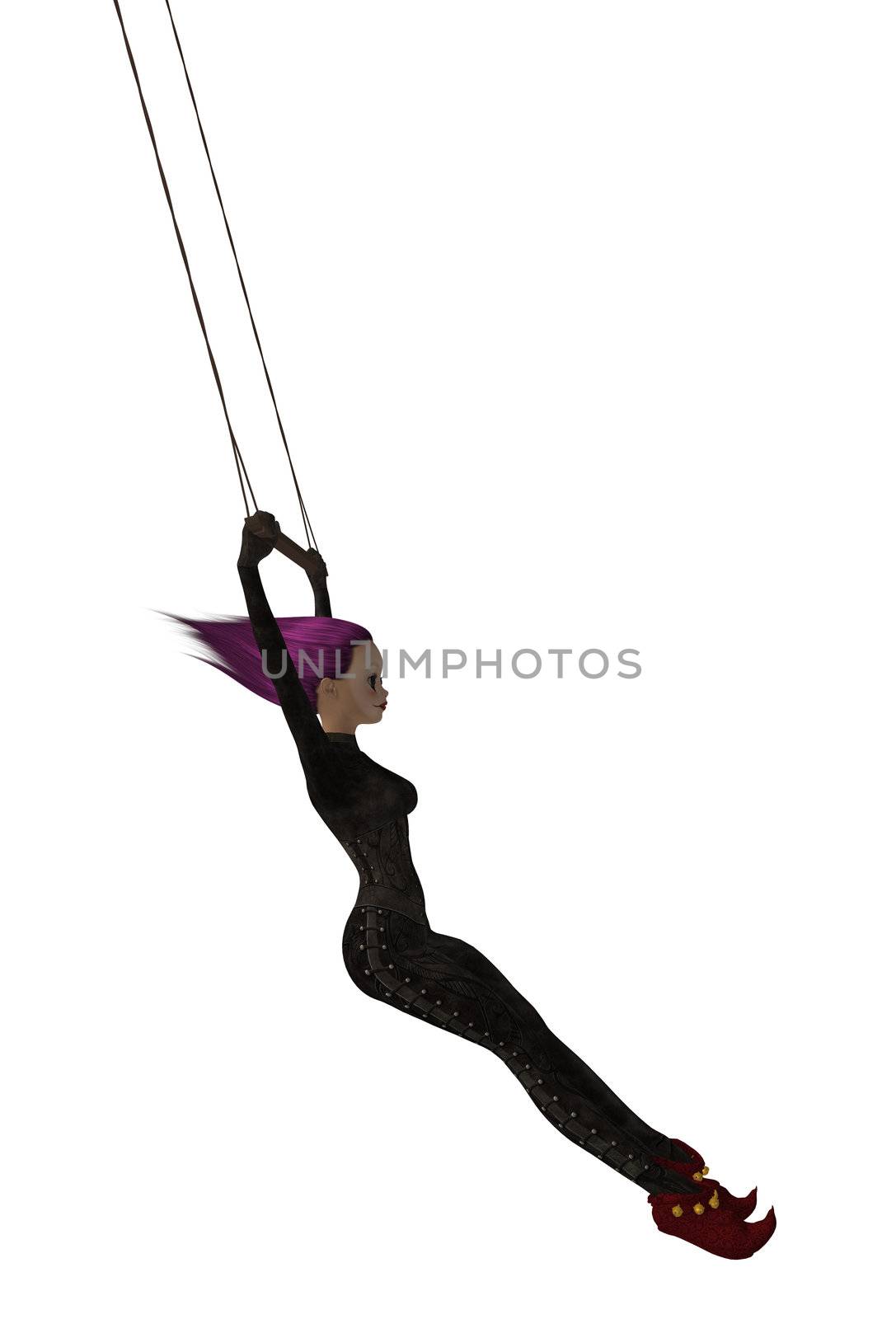 Clown handing on a trapeze on a white background