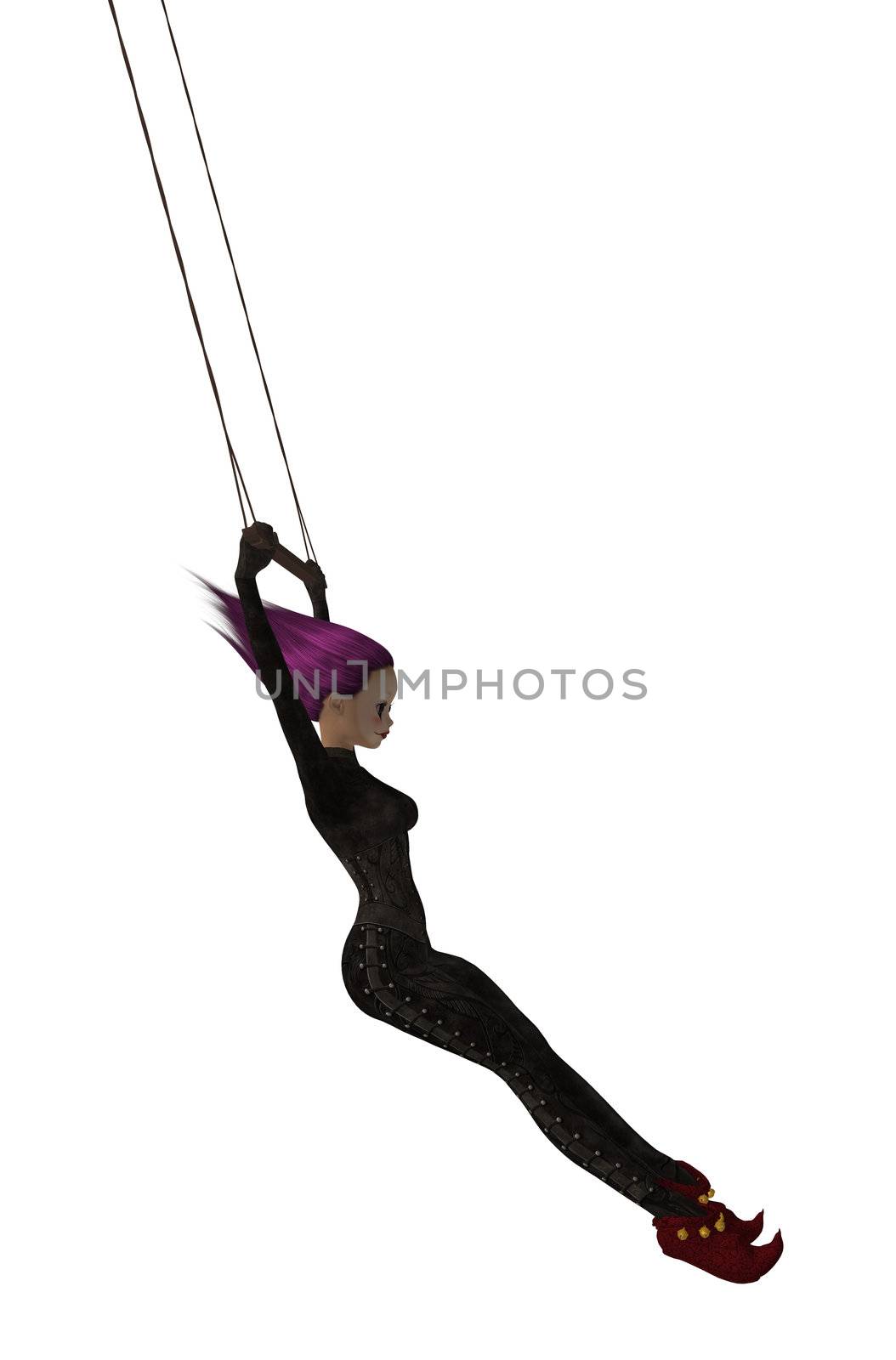 Clown handing on a trapeze on a white background