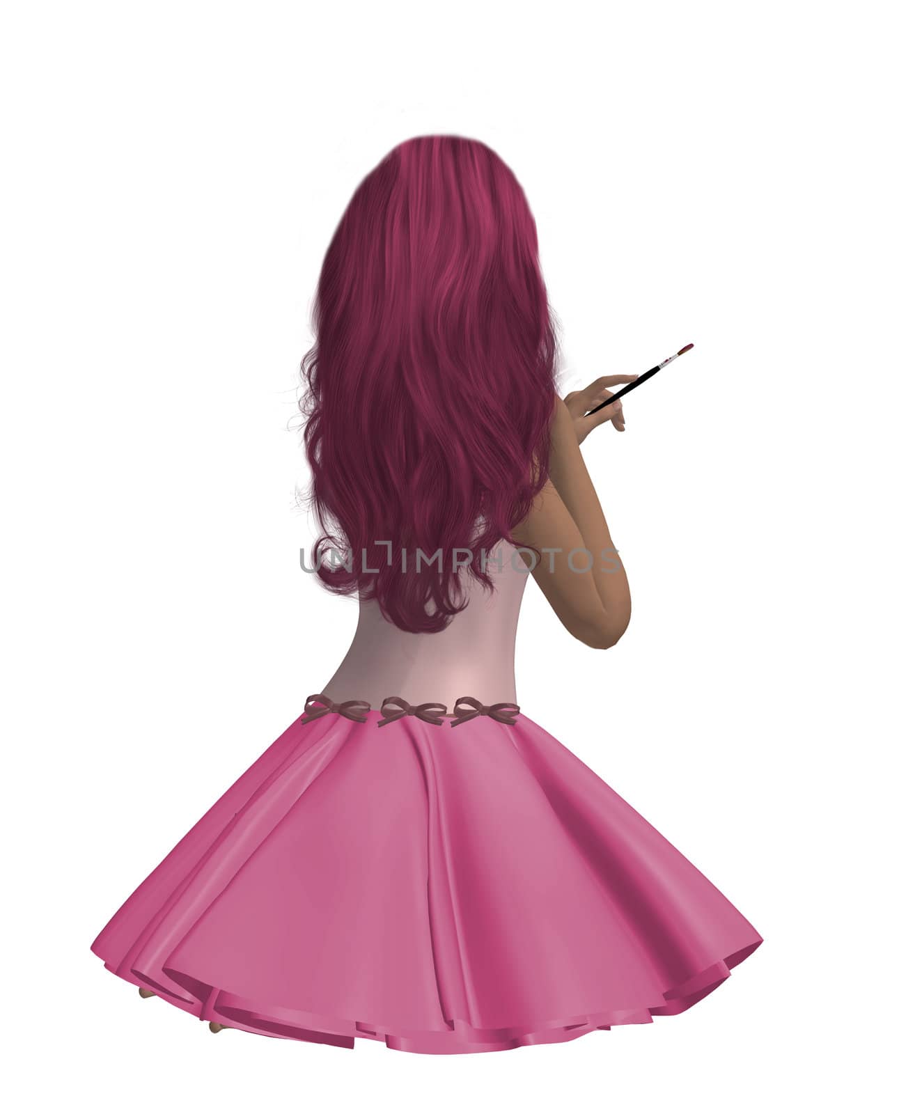 Pink girl sitting, holding a paint brush