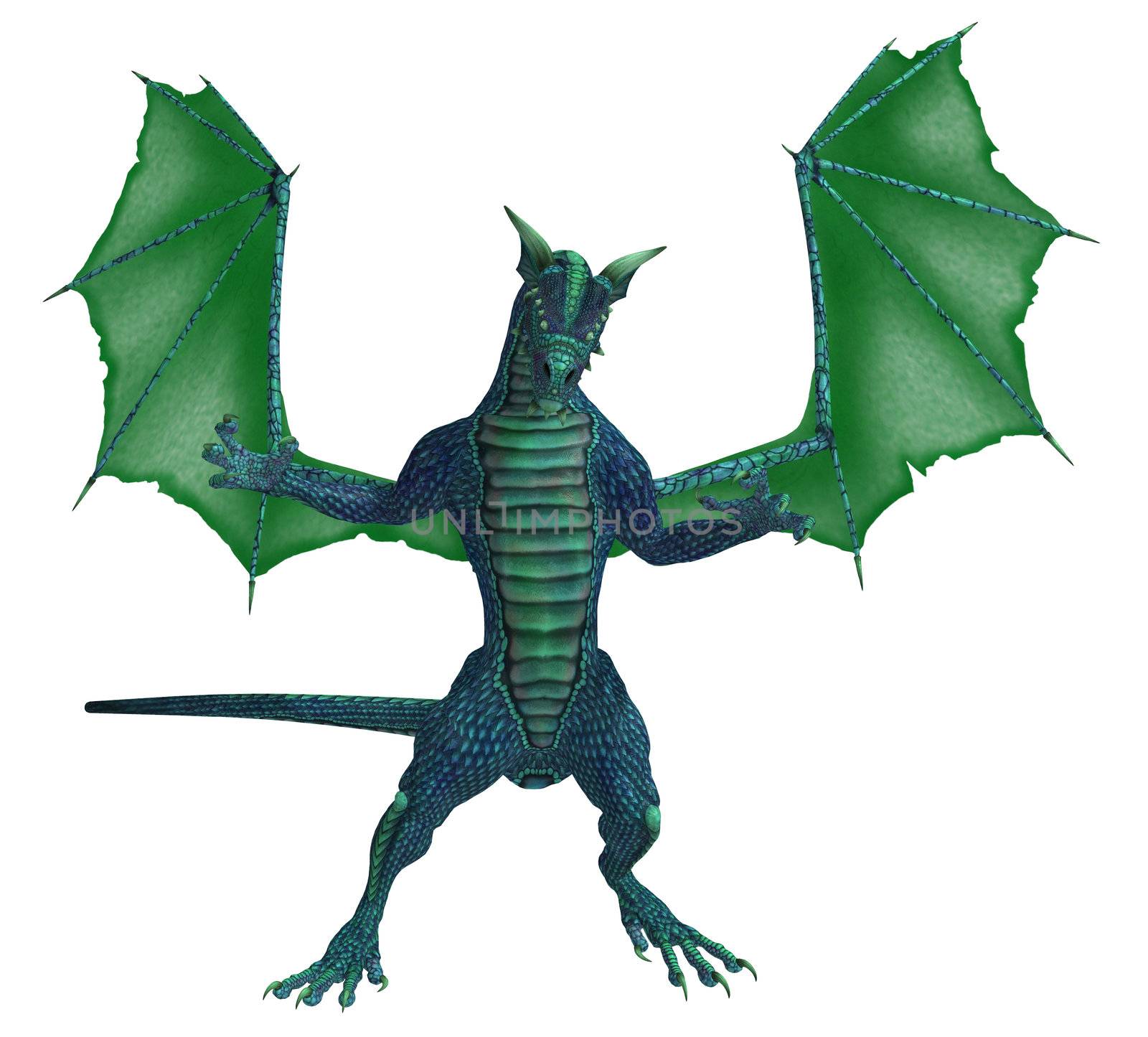 Blue green dragon standing with wings spread