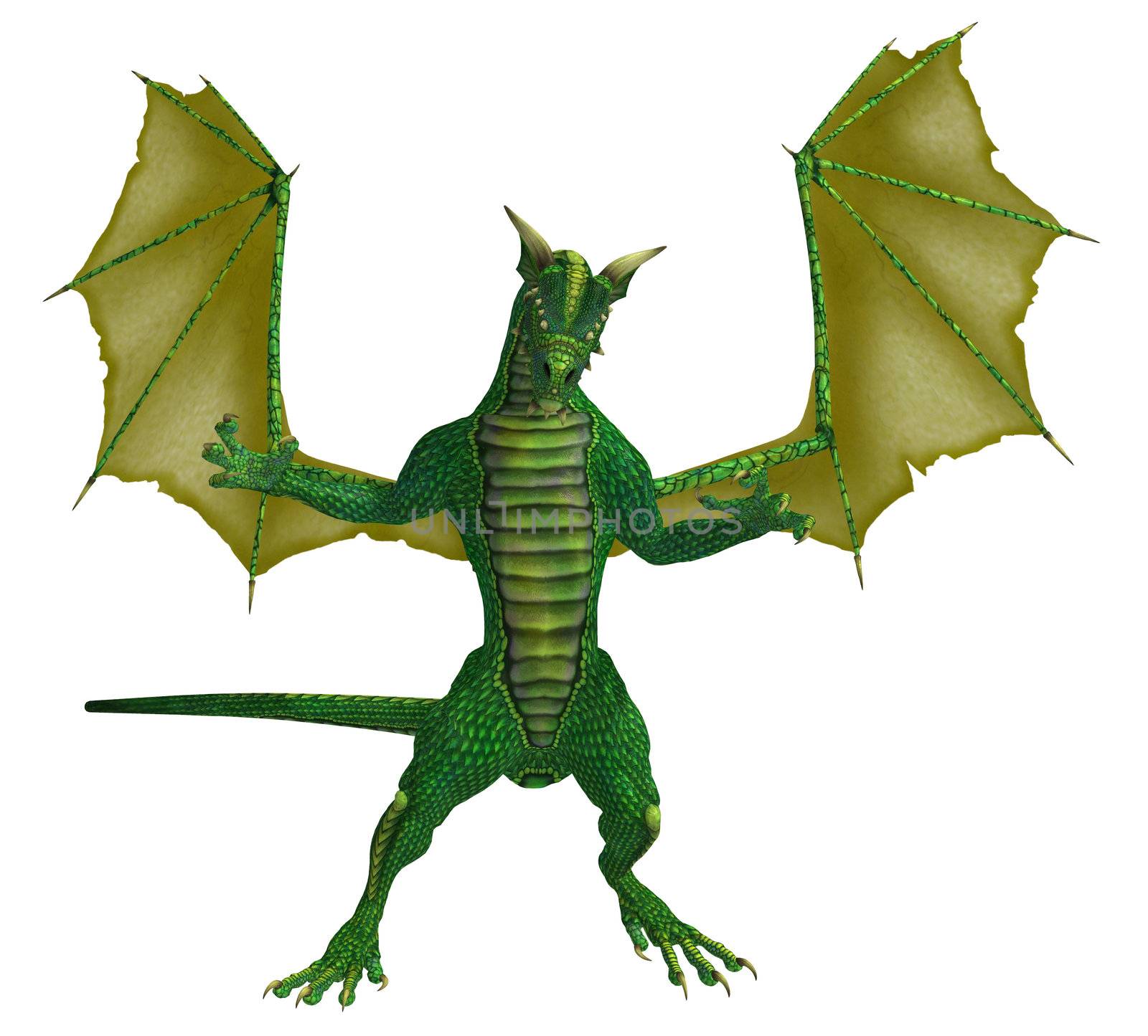 Green yellow dragon standing with wings spread