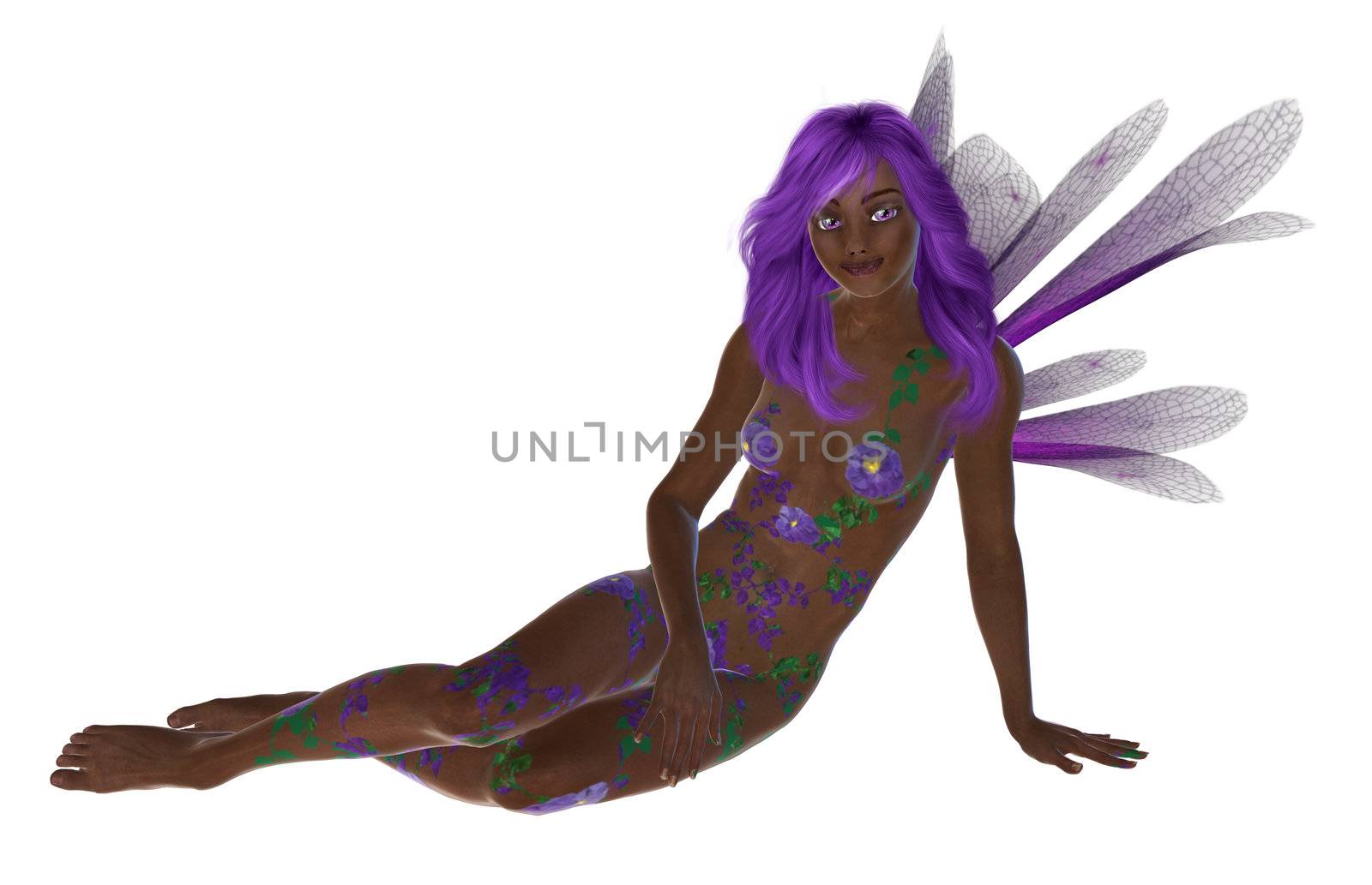 Purple flower fairy sitting down