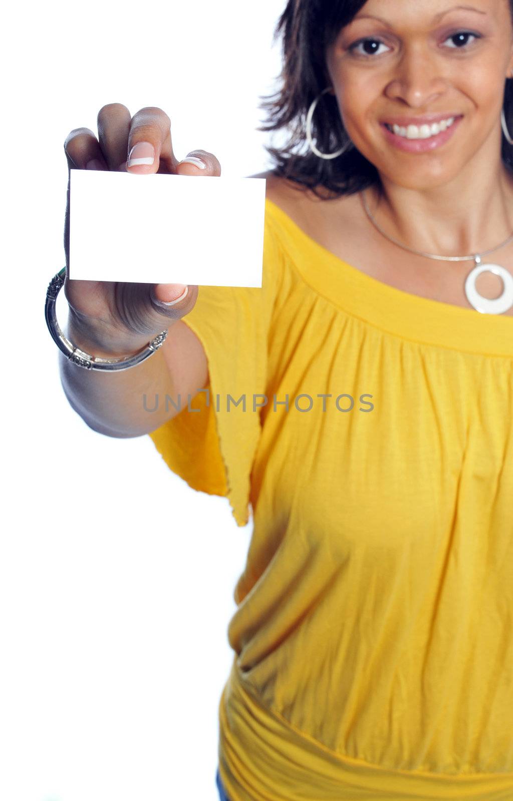 woman hold out her business card and smiling