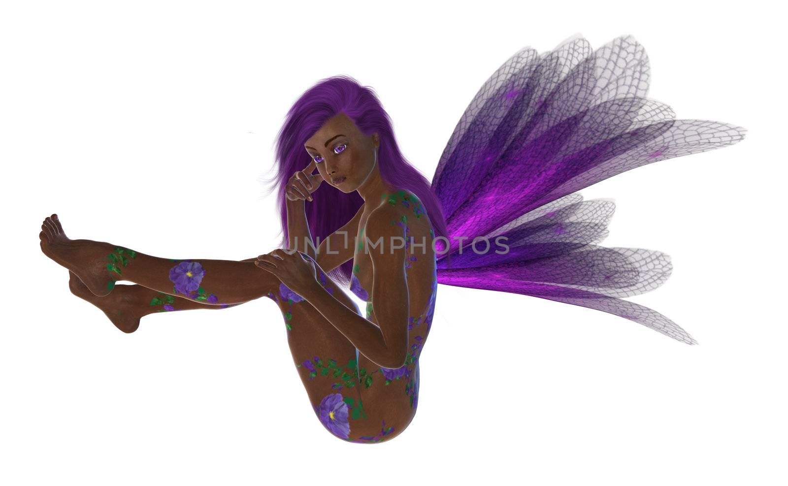 Purple flower fairy sitting down