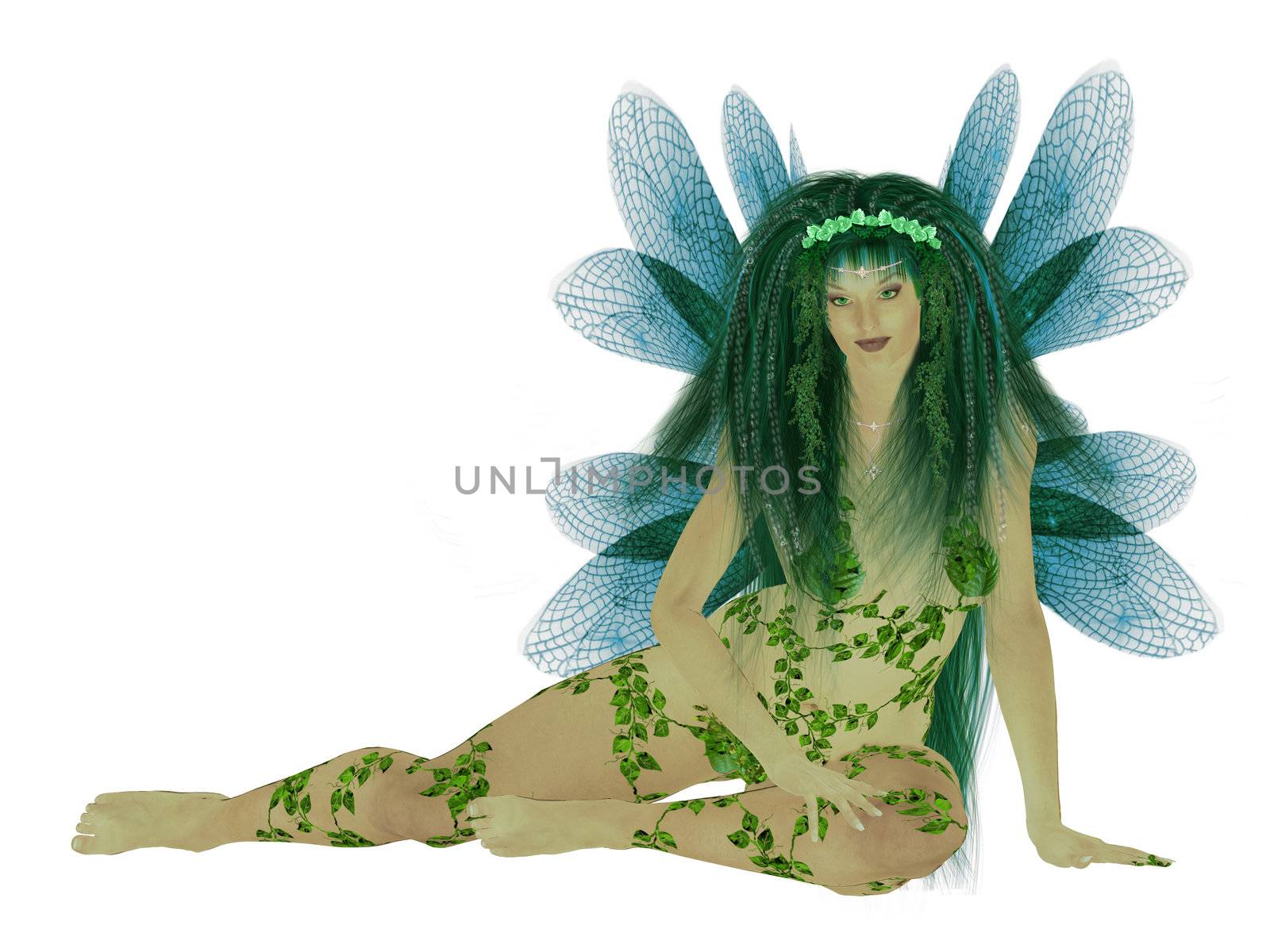 Translucent blue green fairy sitting down