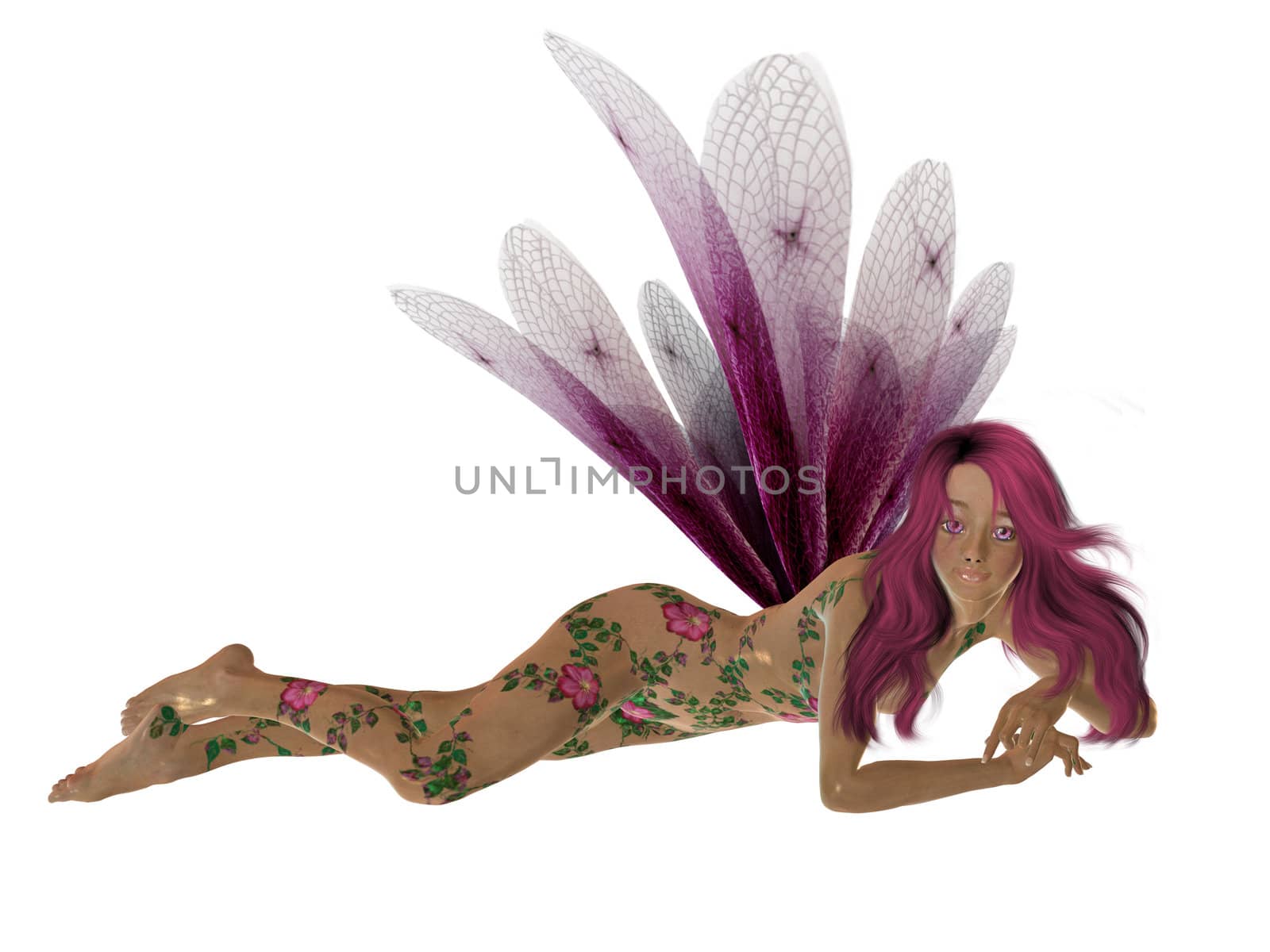 Pink fairy laying down with arms folded