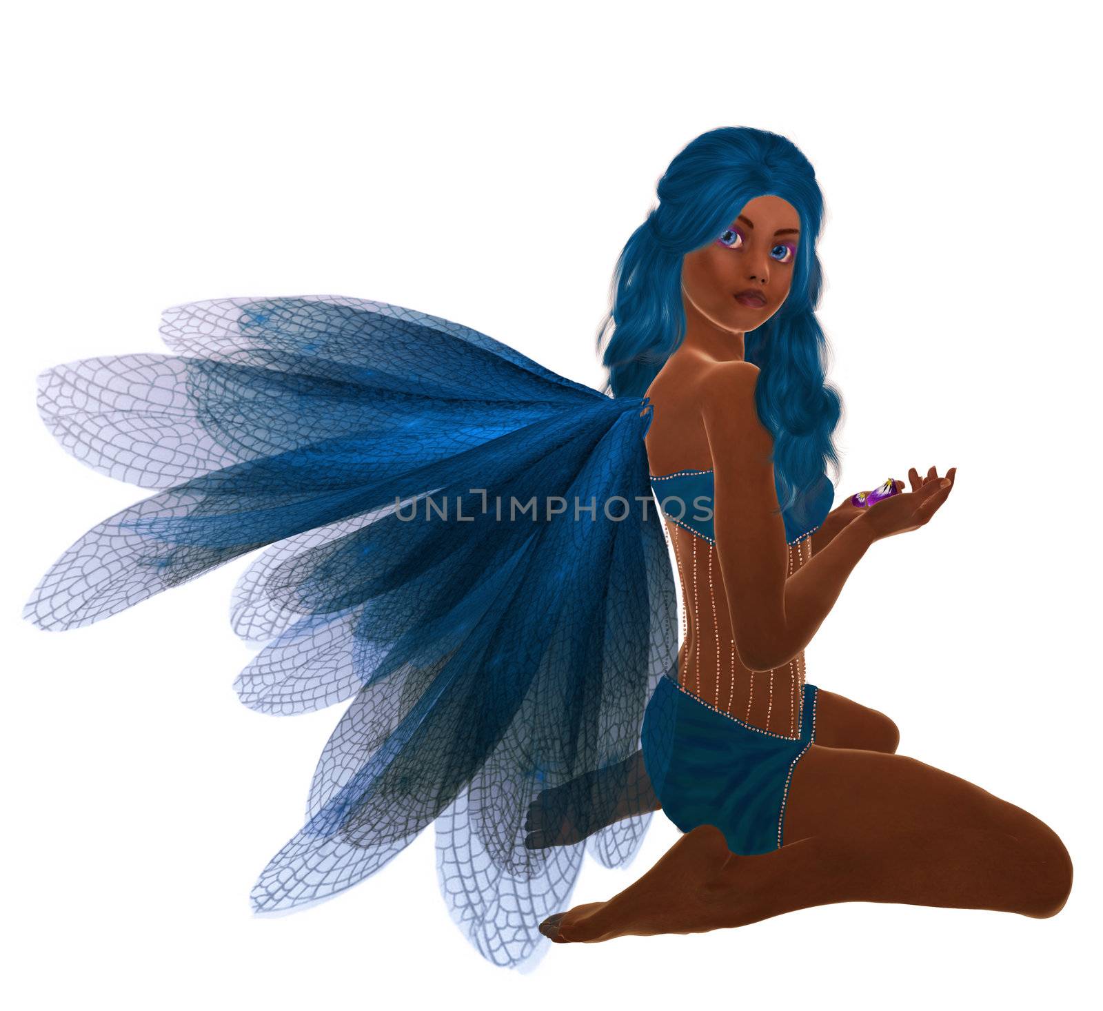 Blue fairy with blue hair, sitting holding flowers in her hand