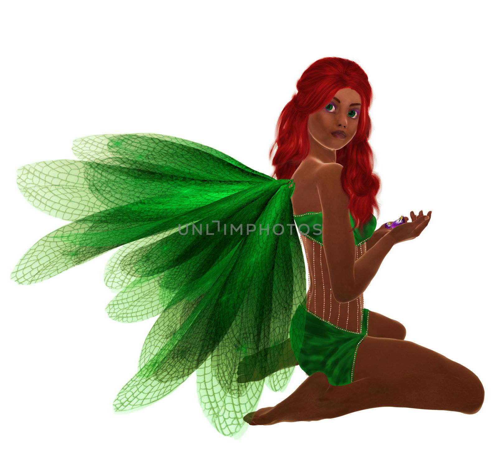 Green fairy with red hair, sitting holding flowers in her hand