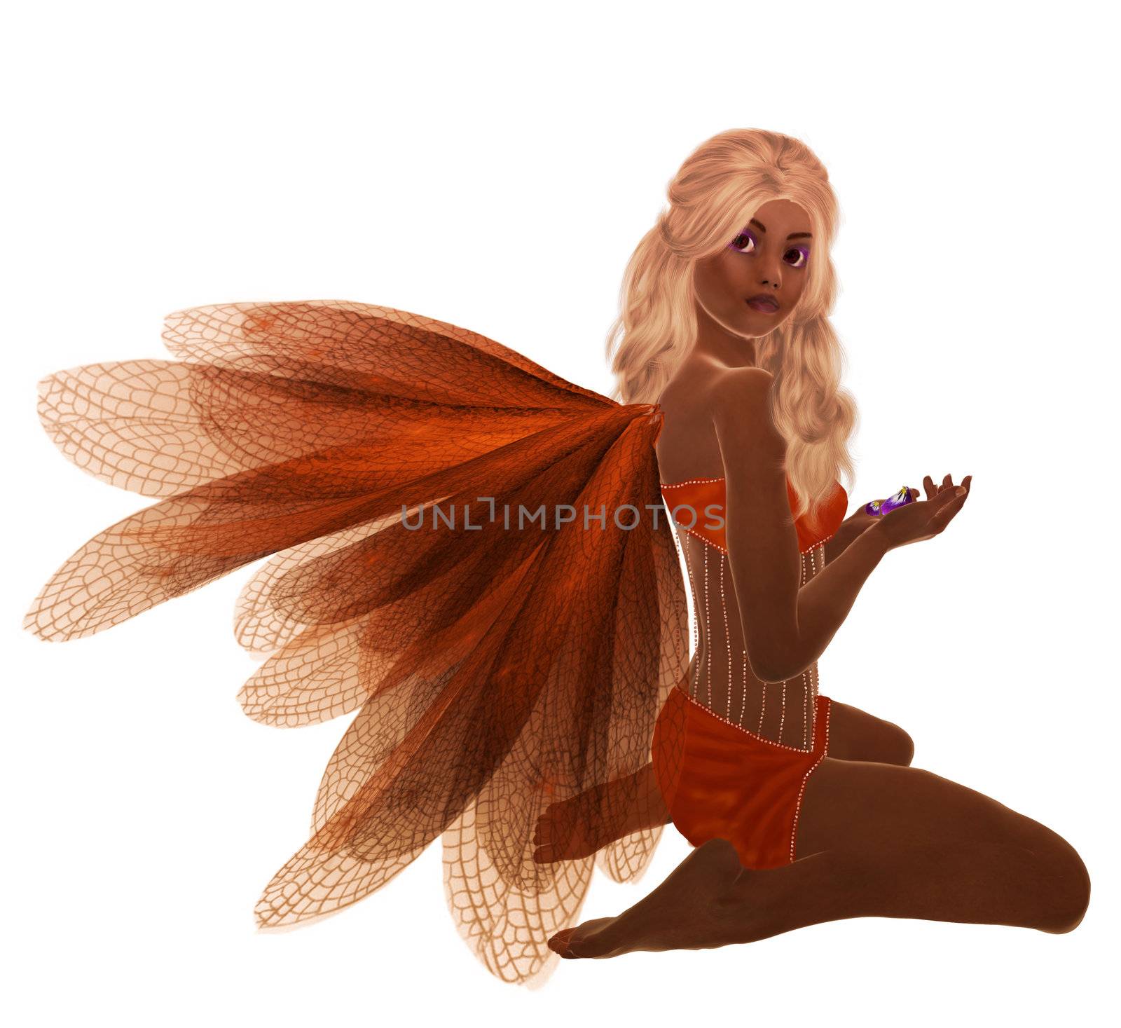 Orange fairy with blonde hair, sitting holding flowers in her hand