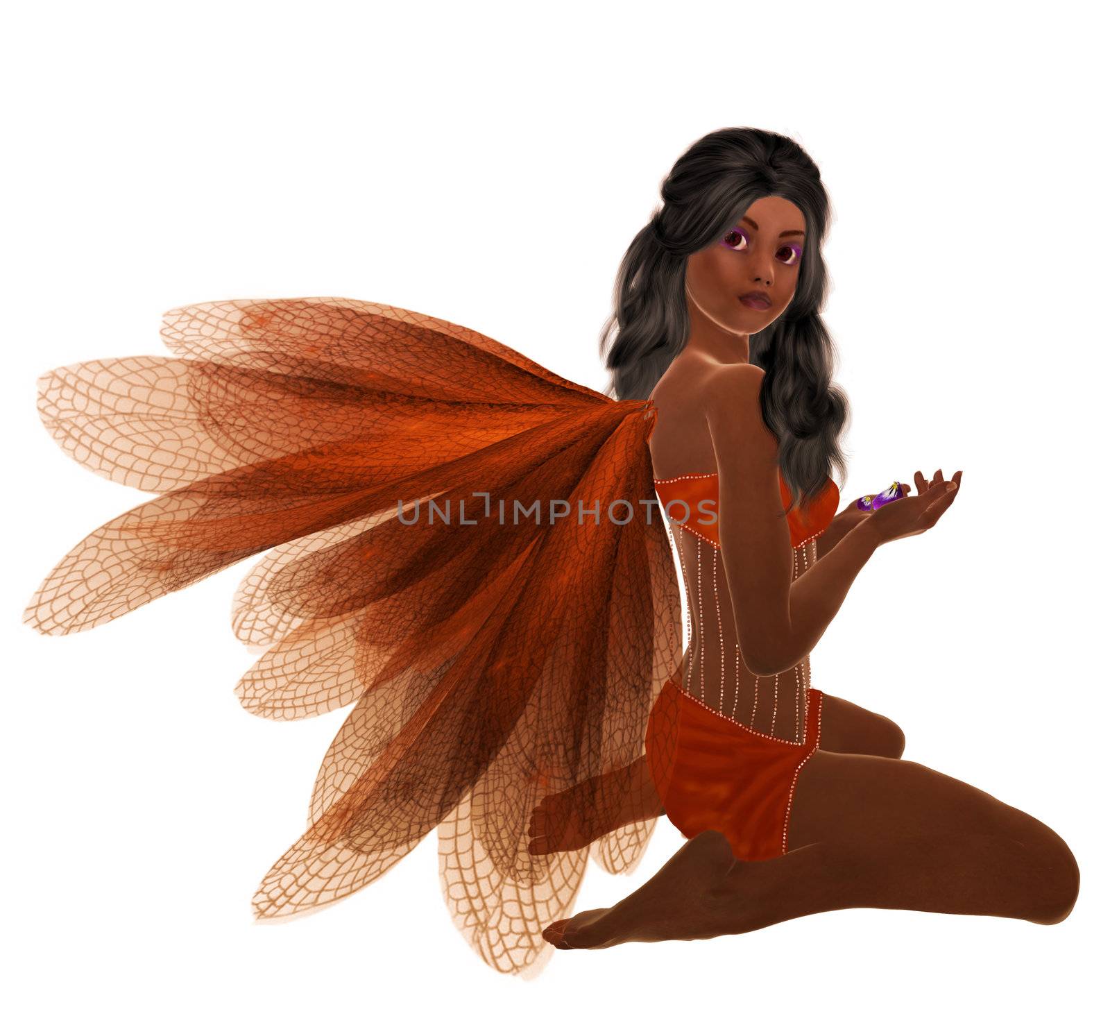Orange fairy with dark hair, sitting holding flowers in her hand