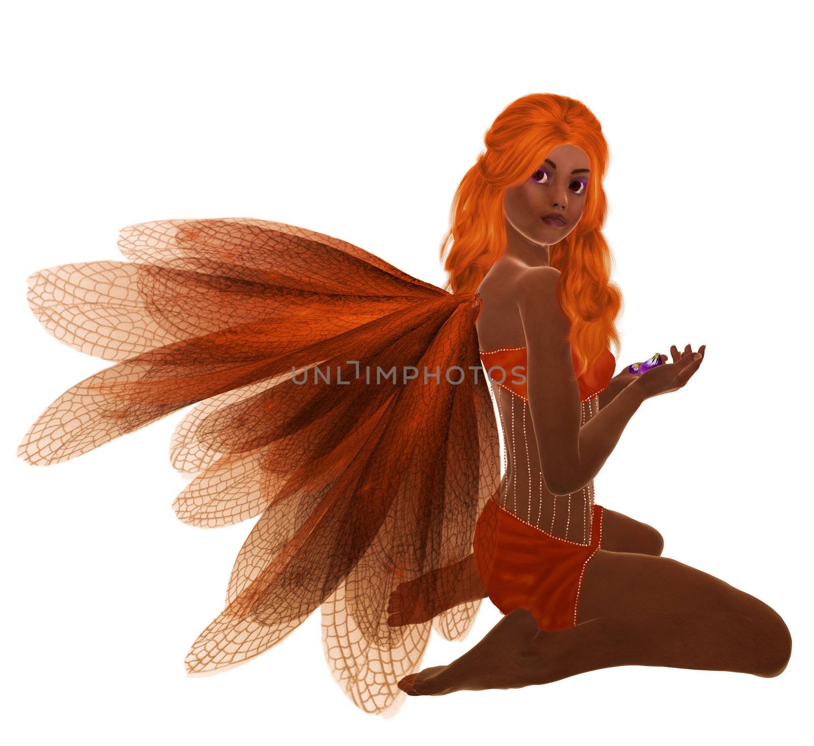 Orange fairy with orange hair, sitting holding flowers in her hand