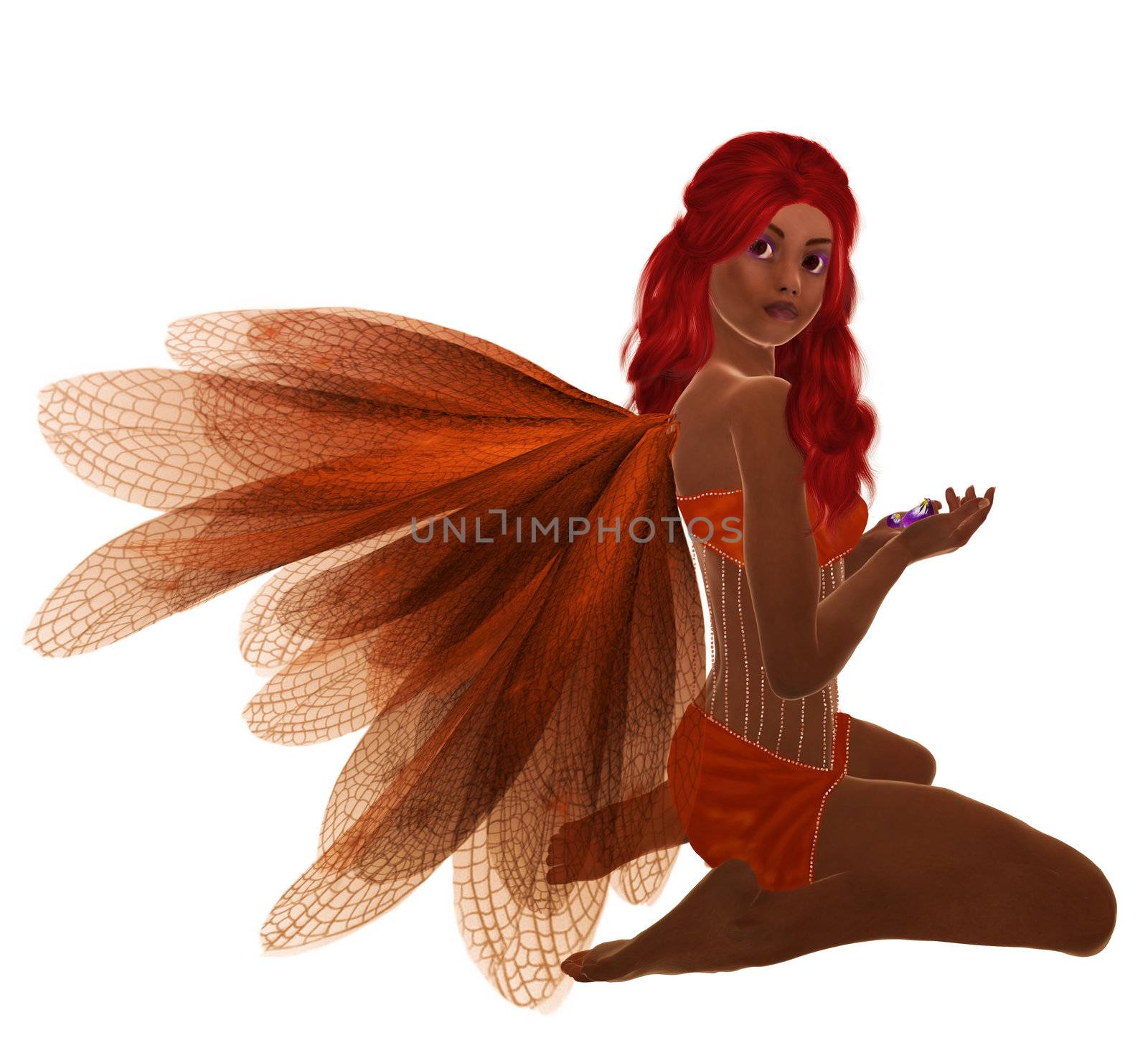 Orange fairy with red hair, sitting holding flowers in her hand