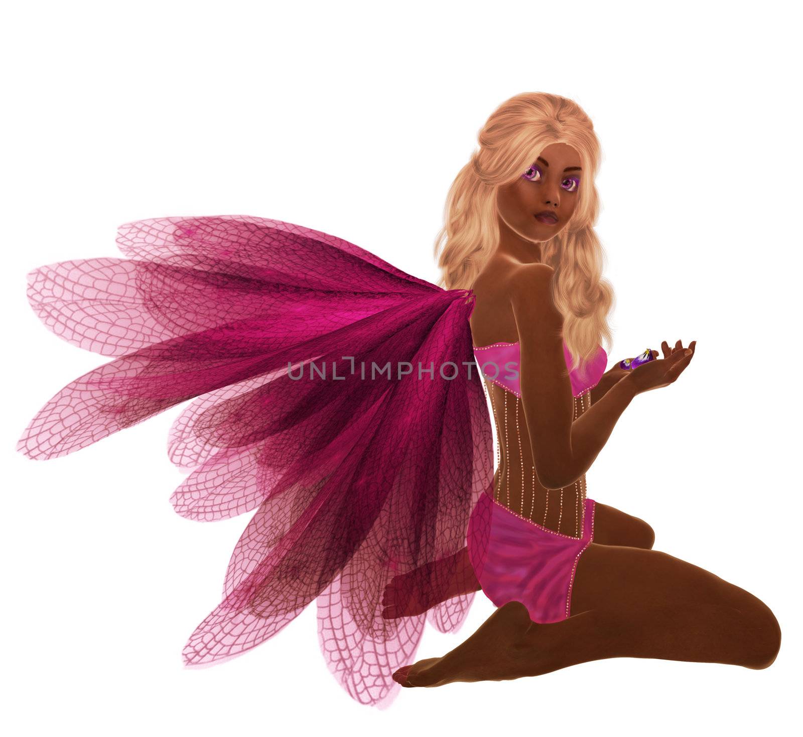Pink fairy with blonde hair, sitting holding flowers in her hand
