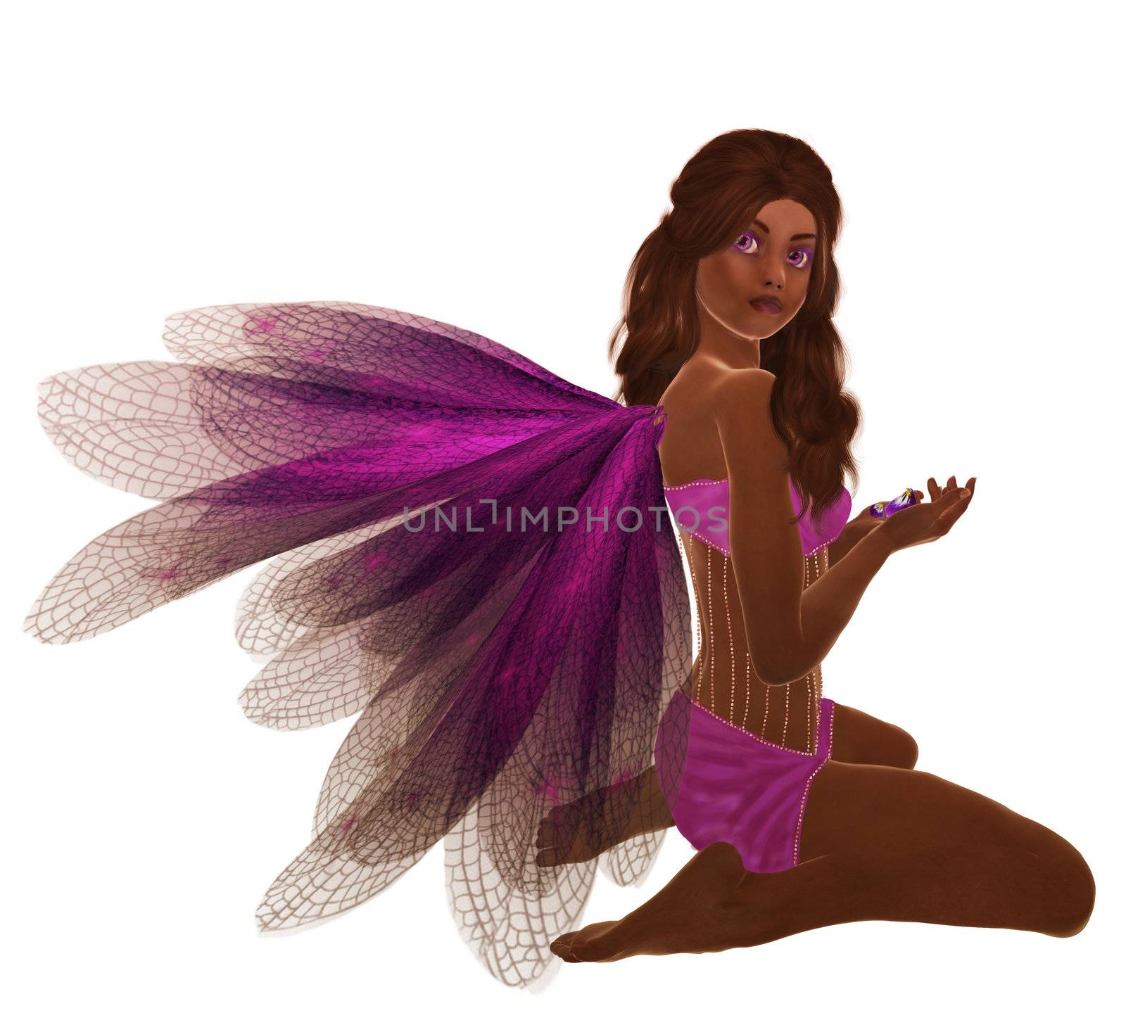 Purple fairy with brunette hair, sitting holding flowers in her hand