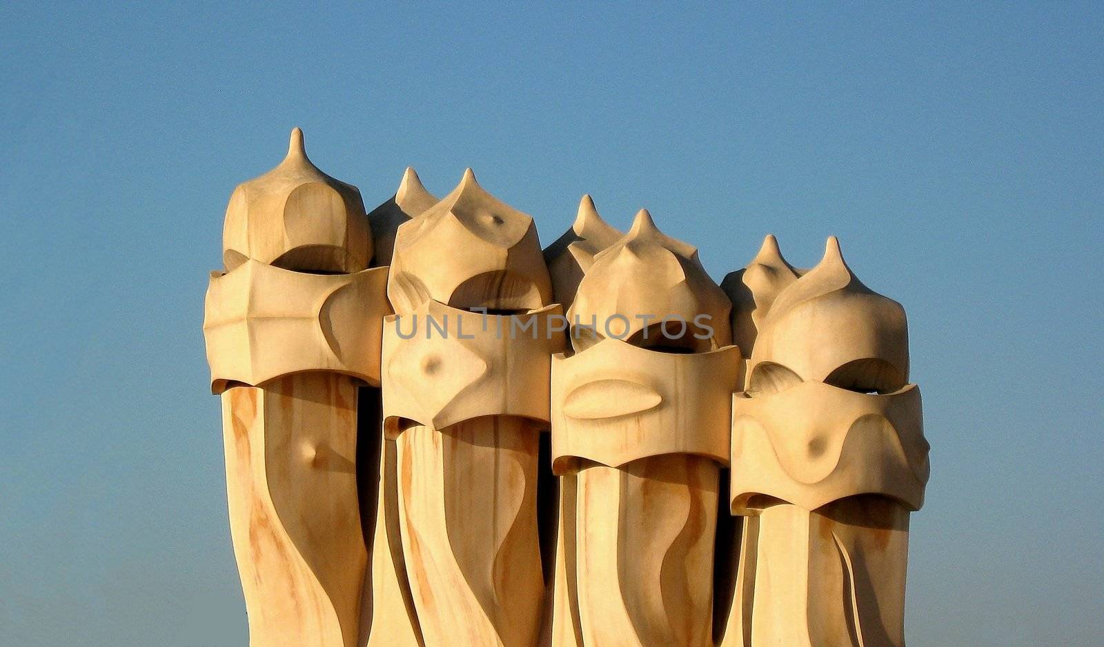 Details of chimneys created by Gaudi in Barcelona