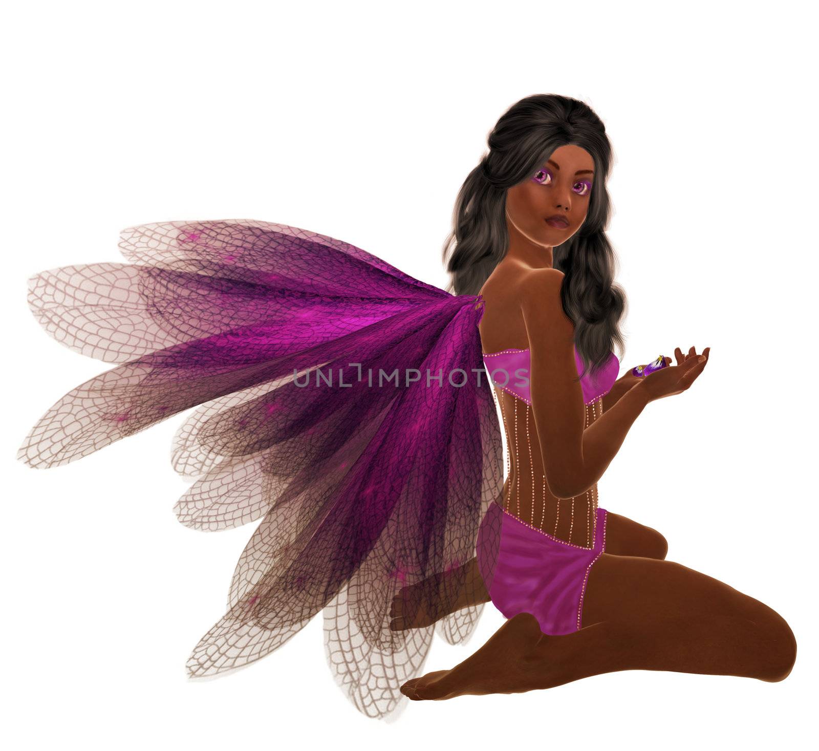 Purple fairy with dark hair, sitting holding flowers in her hand