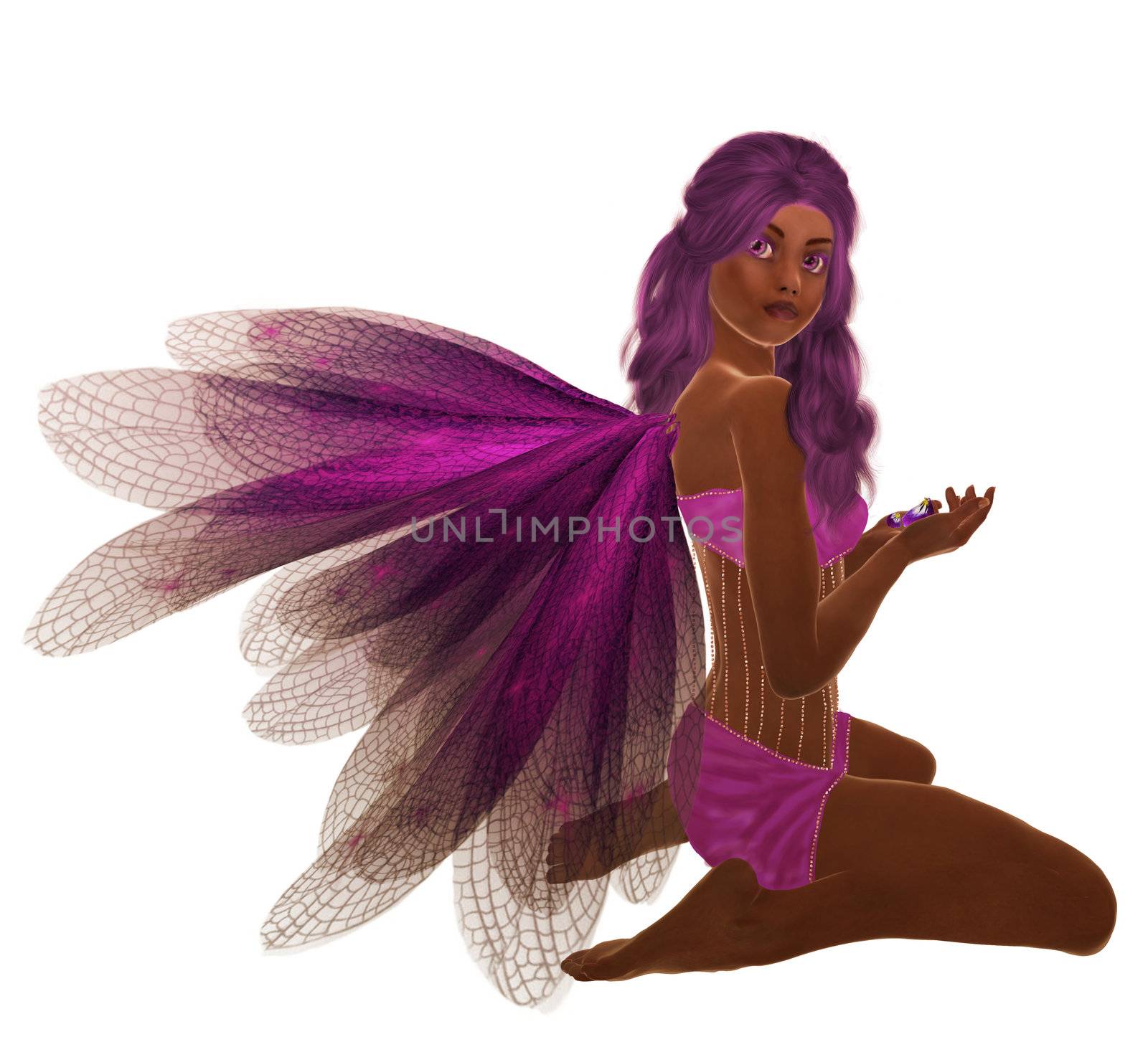 Purple fairy with purple hair, sitting holding flowers in her hand