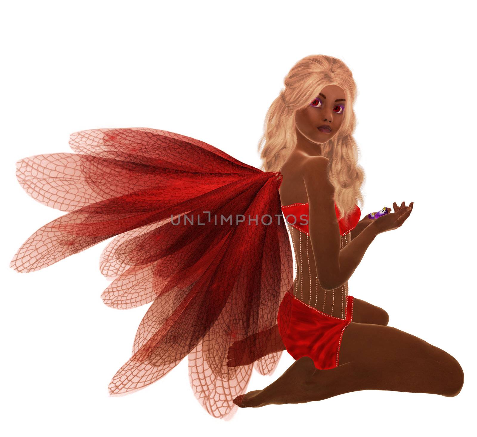 Red fairy with blonde hair, sitting holding flowers in her hand