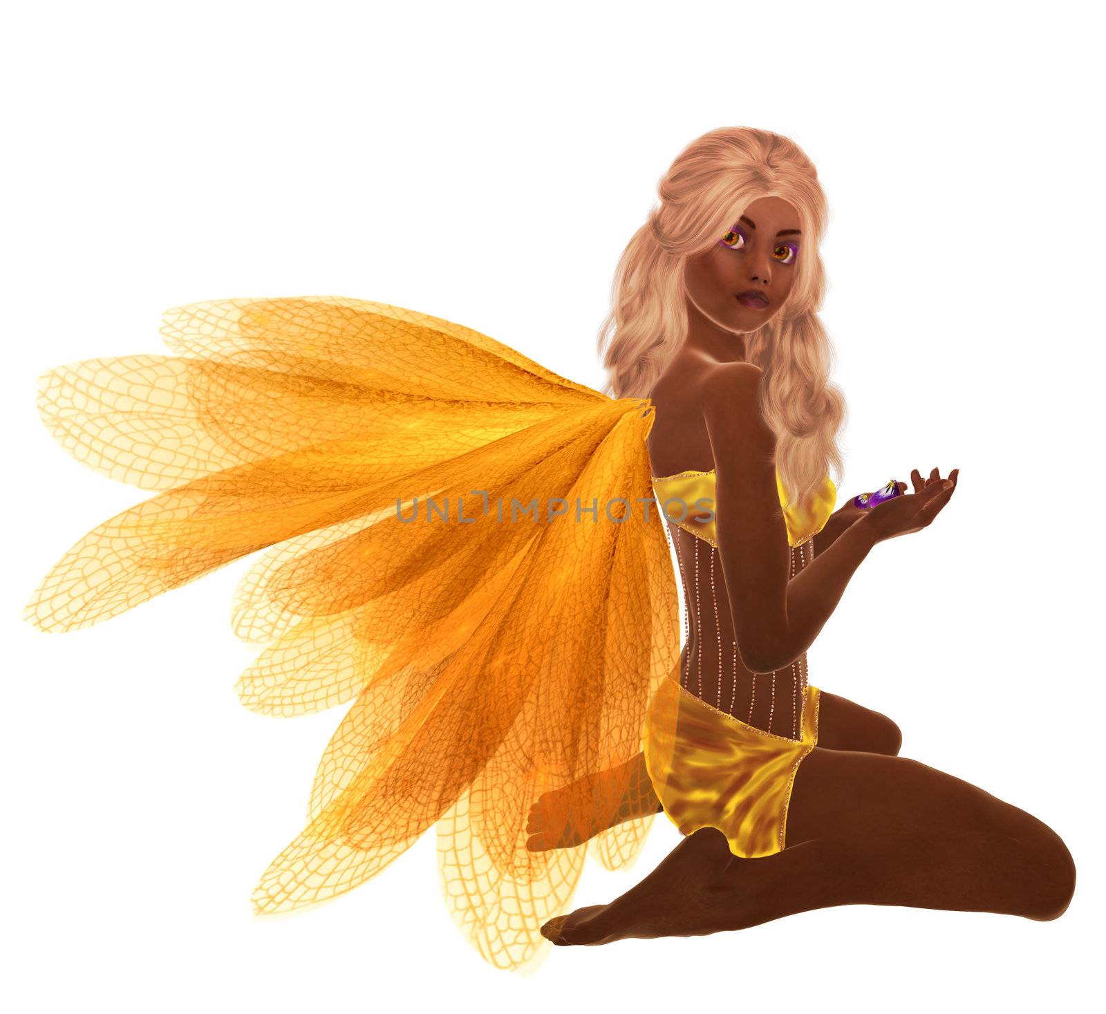 Yellow fairy with blonde hair, sitting holding flowers in her hand