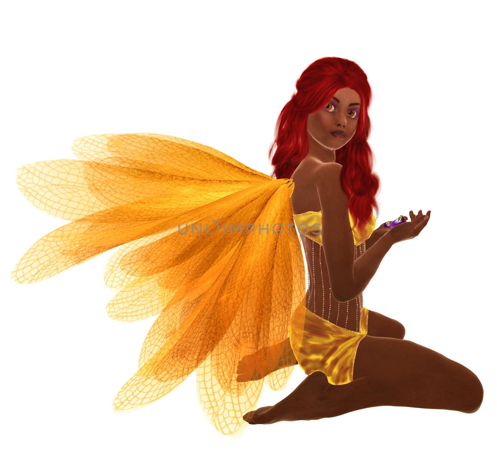 Yellow fairy with red hair, sitting holding flowers in her hand