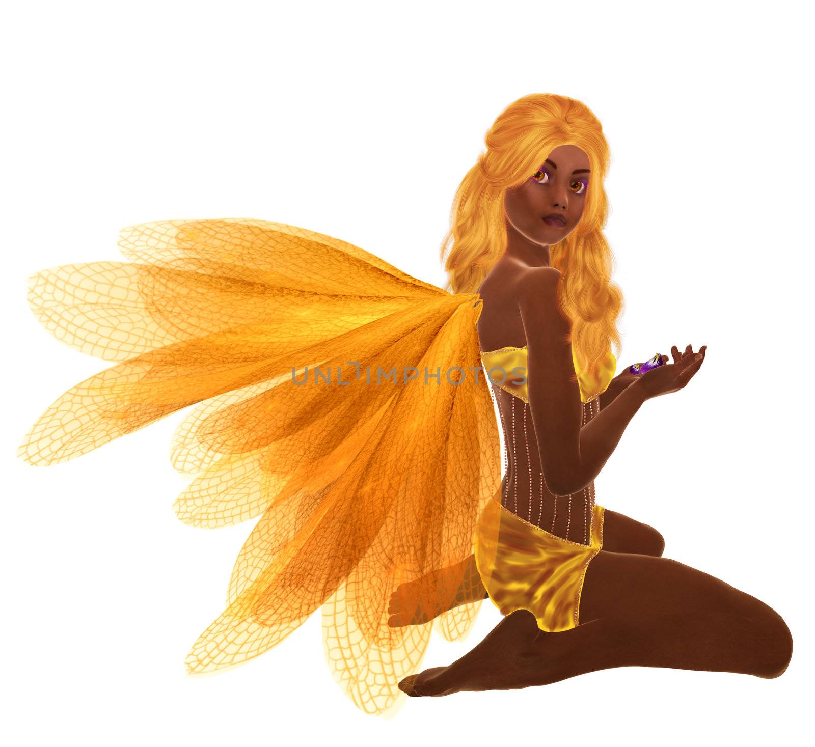 Yellow fairy with yellow hair, sitting holding flowers in her hand