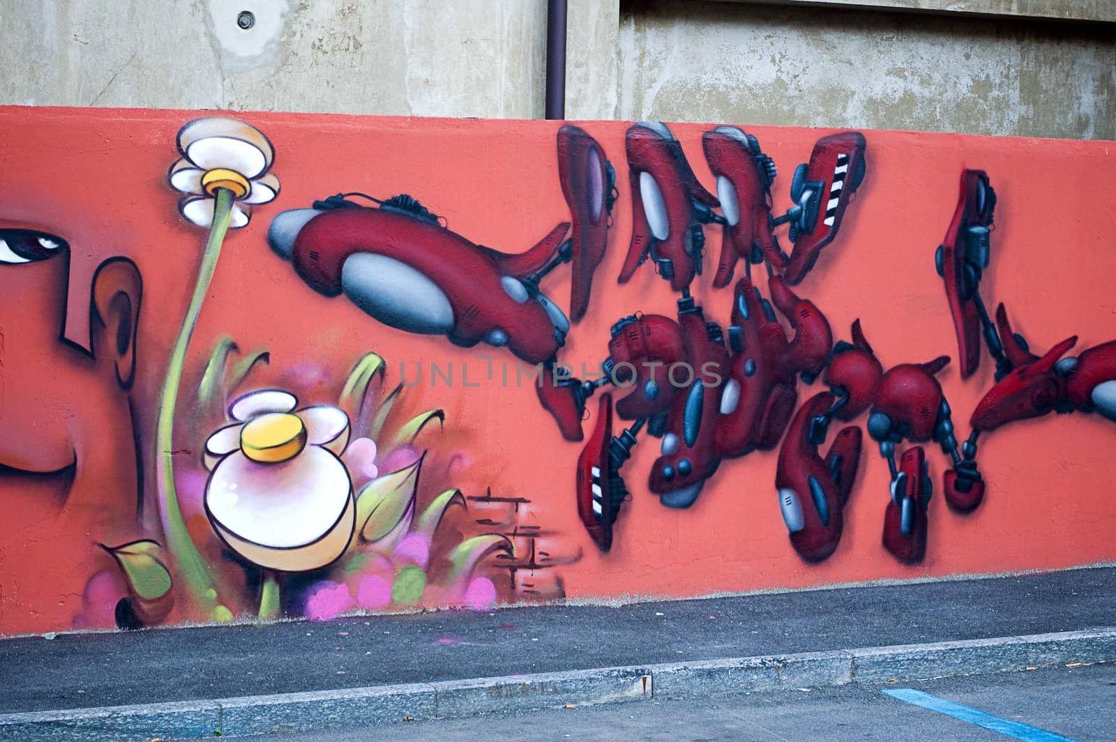 urban graffiti wall with flowers and abstract spaceships