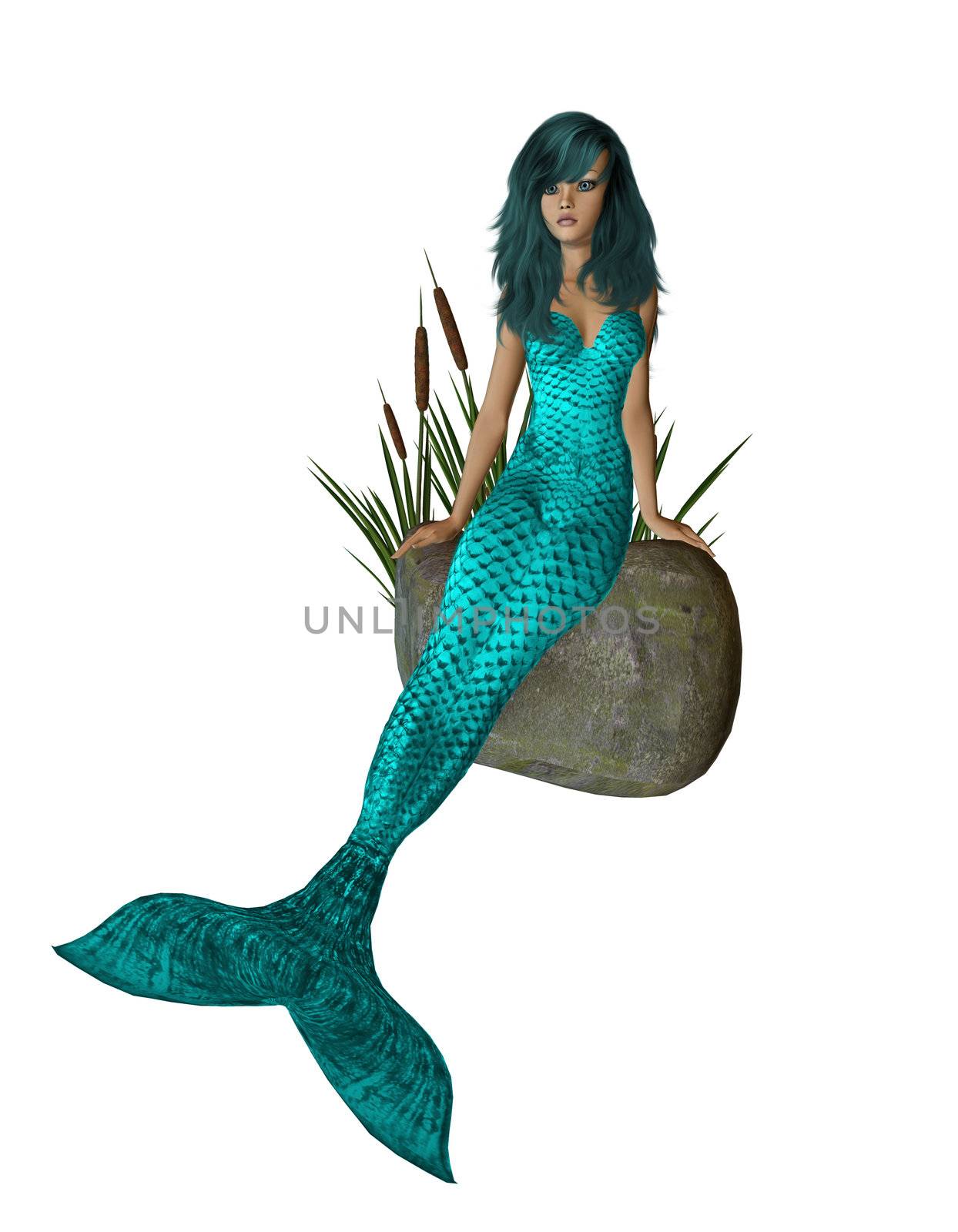 Aqua Mermaid Sitting On A Rock by kathygold